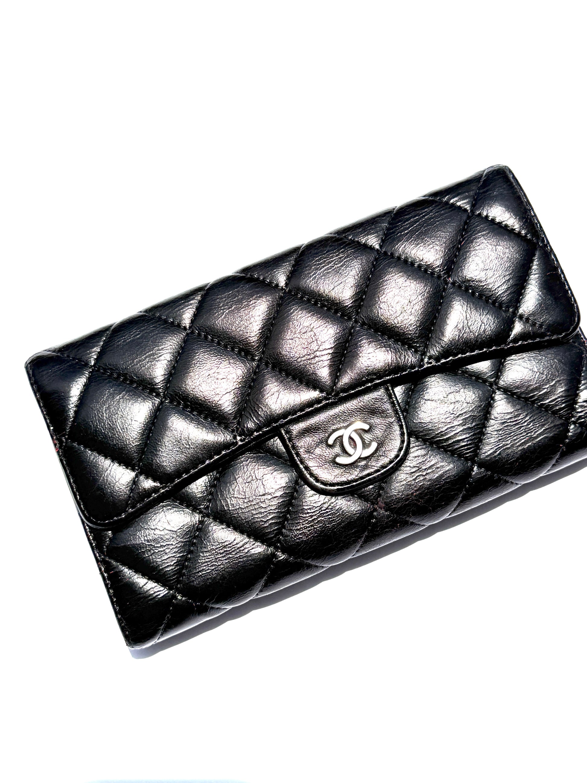 Chanel Vintage Black Trifold Quilted Leather Long CC Flap Wallet