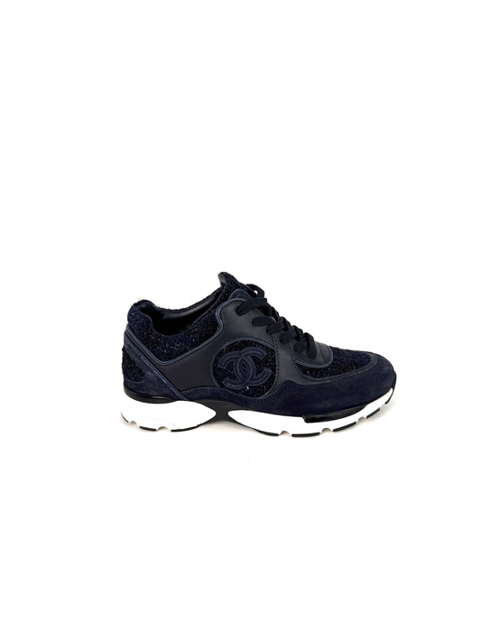 CHANEL 24A Navy Blue Black Tweed Sneakers 37, 6