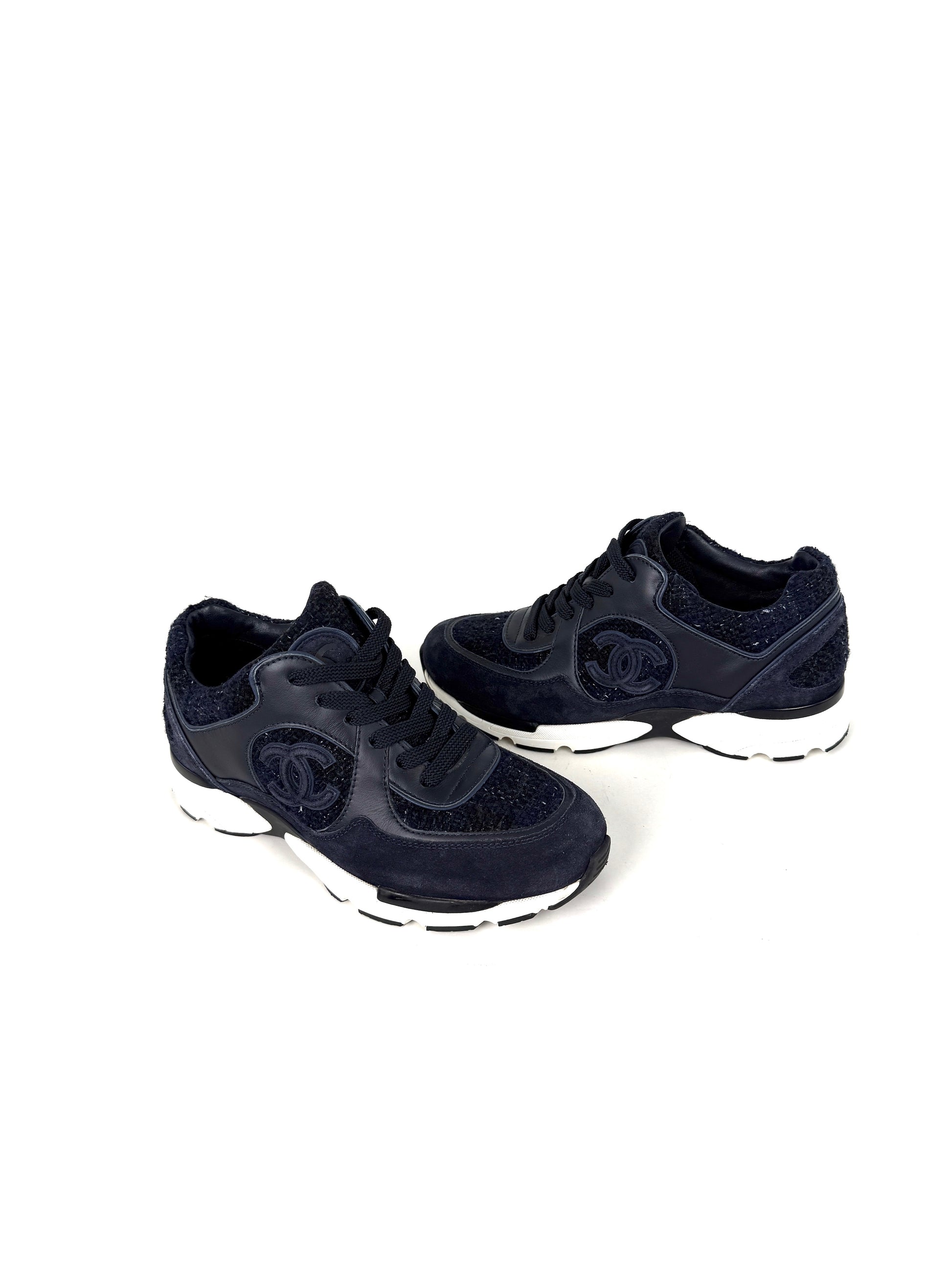 CHANEL 24A Navy Blue Black Tweed Sneakers 37, 6