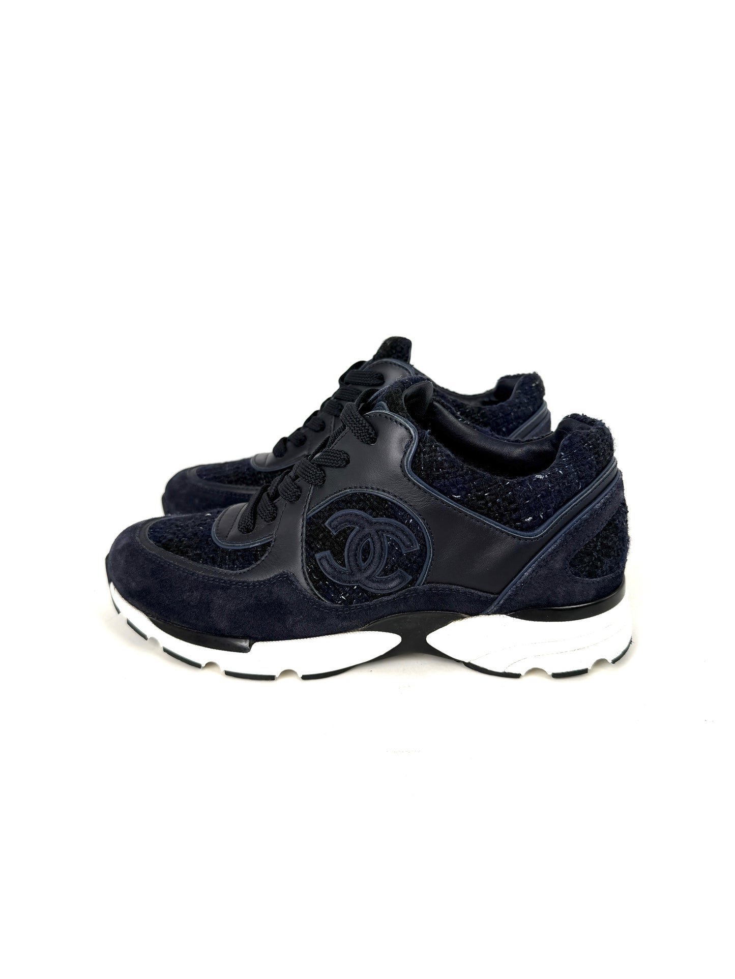 CHANEL 24A Navy Blue Black Tweed Sneakers 37, 6