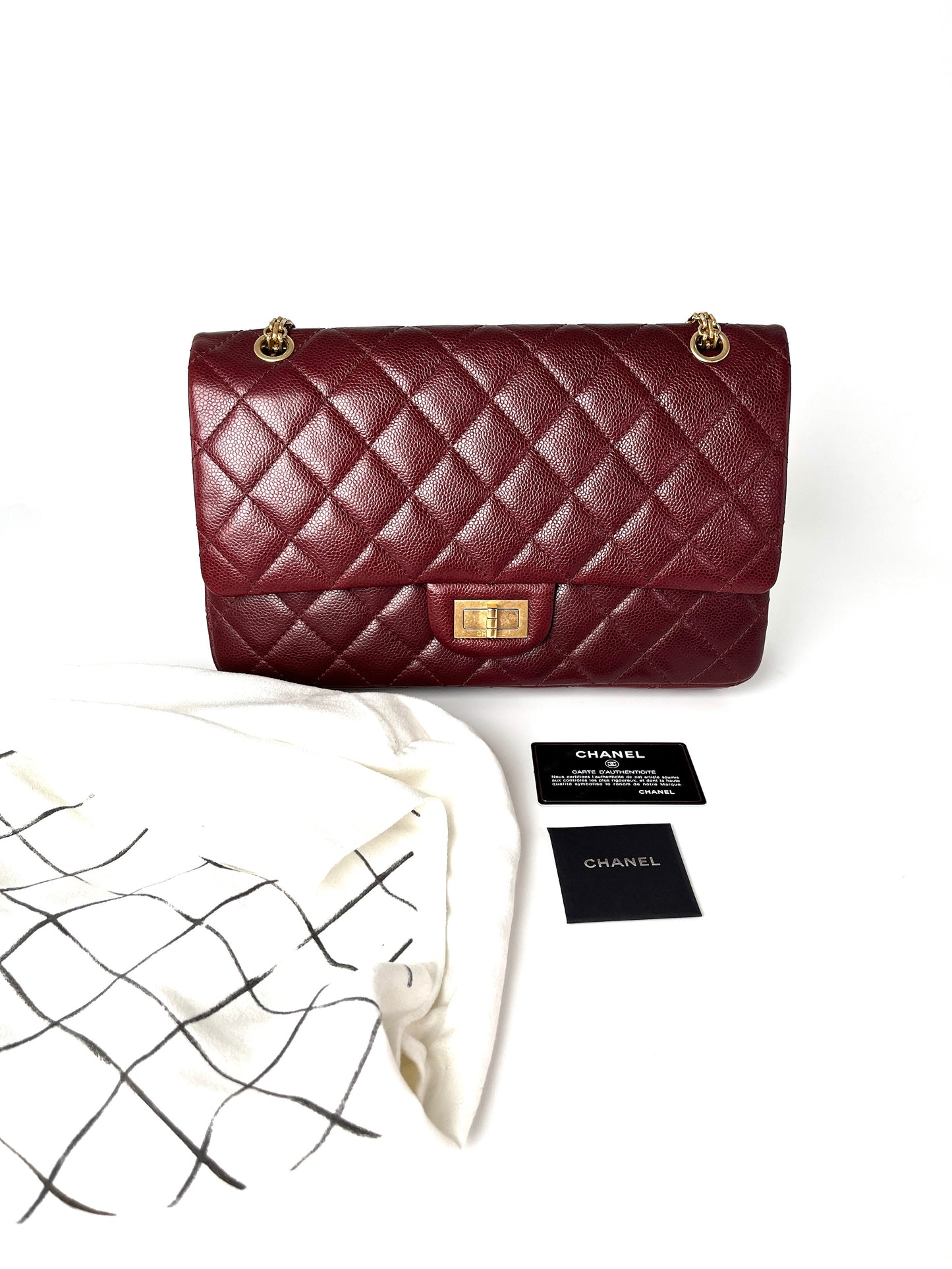 CHANEL 2.55 Burgundy Caviar 227 Classic Flap Gold Hardware Shoulder Crossbody Bag