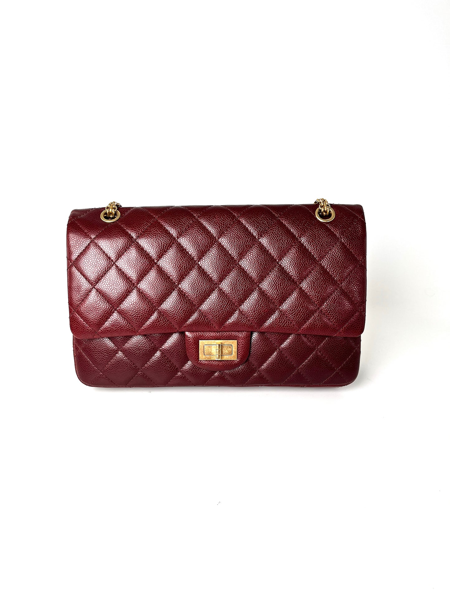 CHANEL 2.55 Burgundy Caviar 227 Classic Flap Gold Hardware Shoulder Crossbody Bag