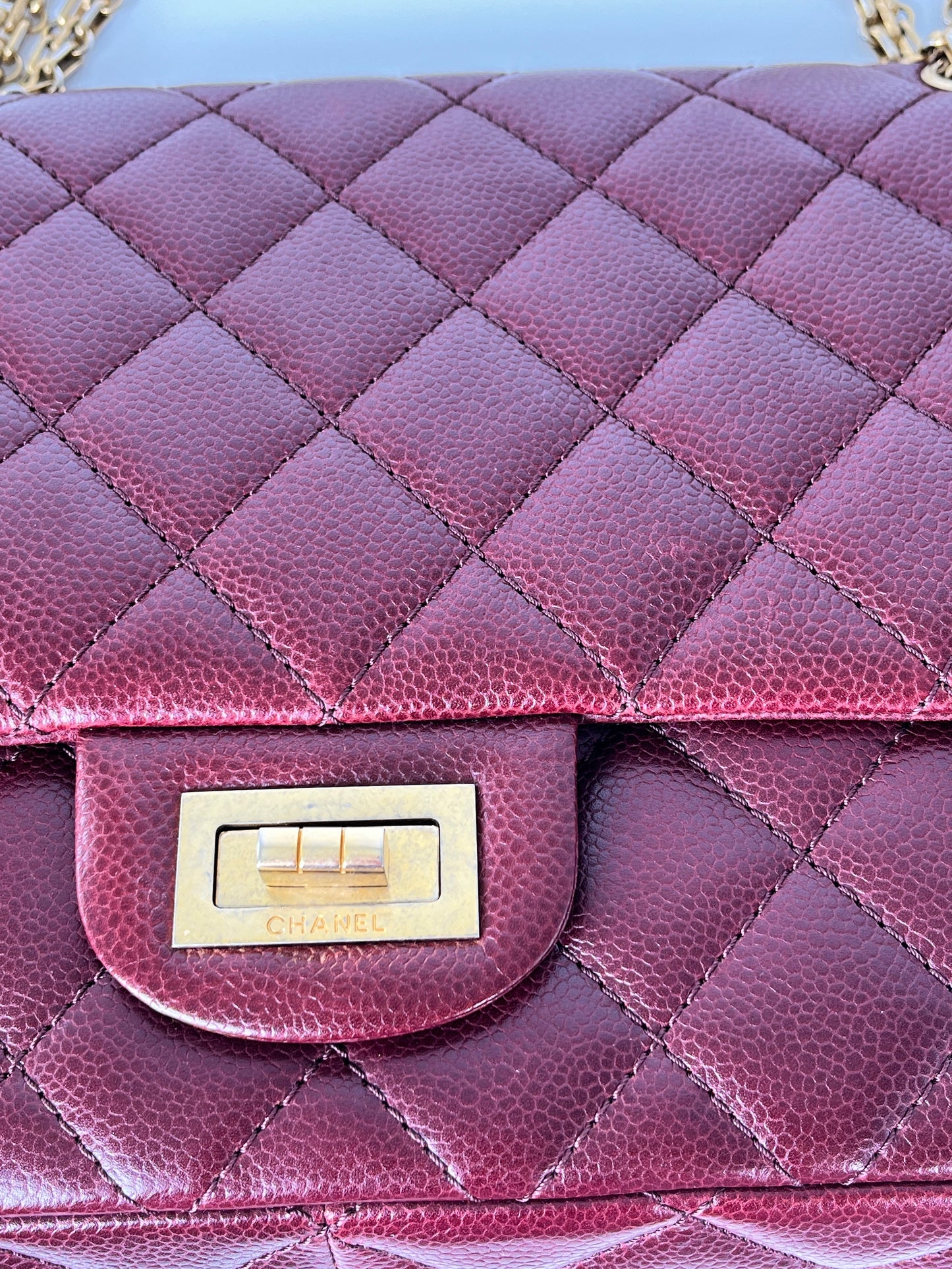 CHANEL 2.55 Burgundy Caviar 227 Classic Flap Gold Hardware Shoulder Crossbody Bag