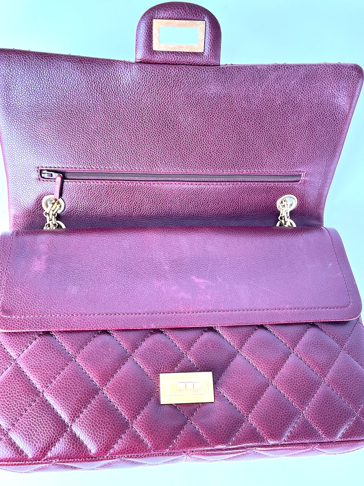 CHANEL 2.55 Burgundy Caviar 227 Classic Flap Gold Hardware Shoulder Crossbody Bag