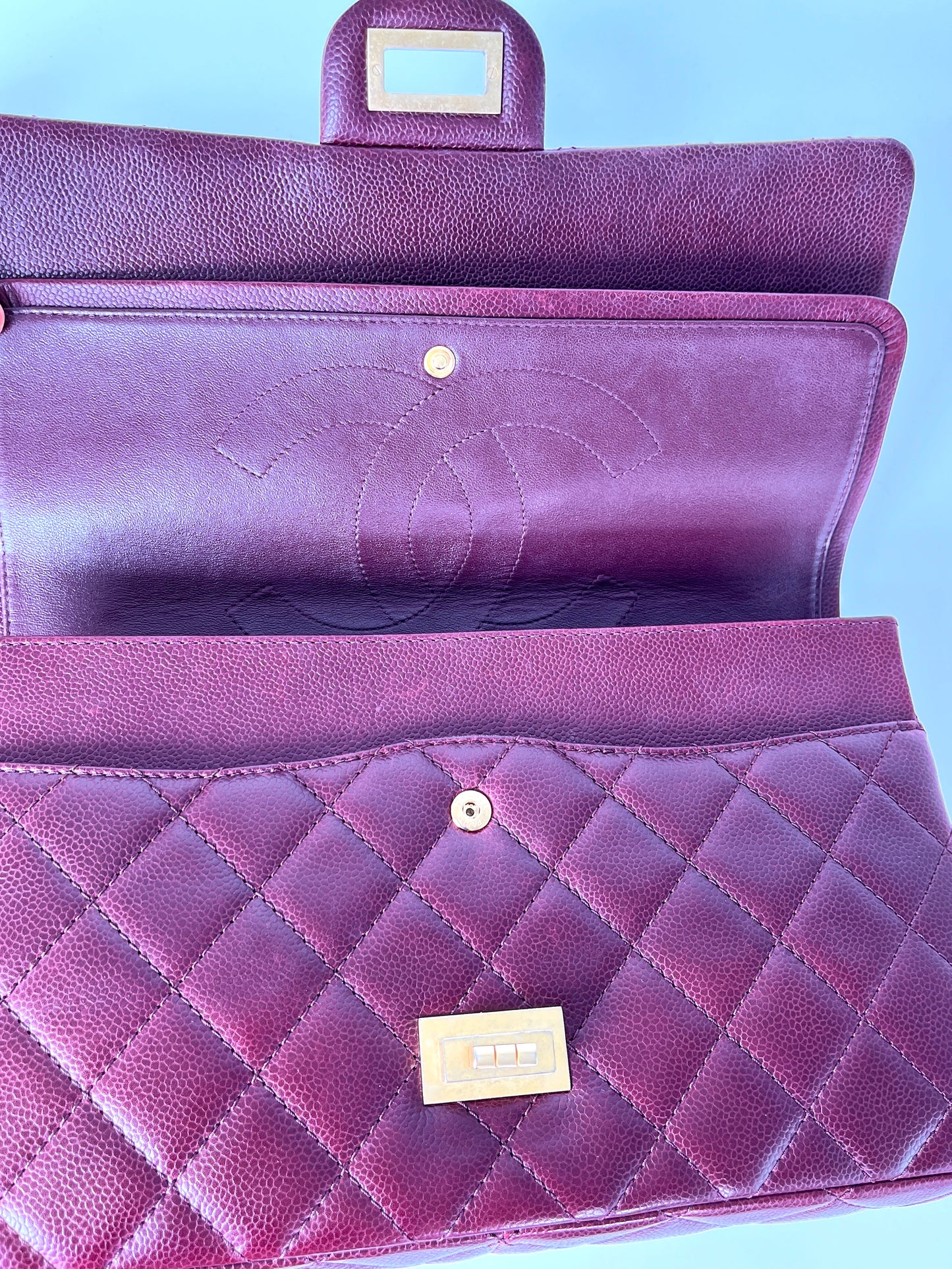 CHANEL 2.55 Burgundy Caviar 227 Classic Flap Gold Hardware Shoulder Crossbody Bag