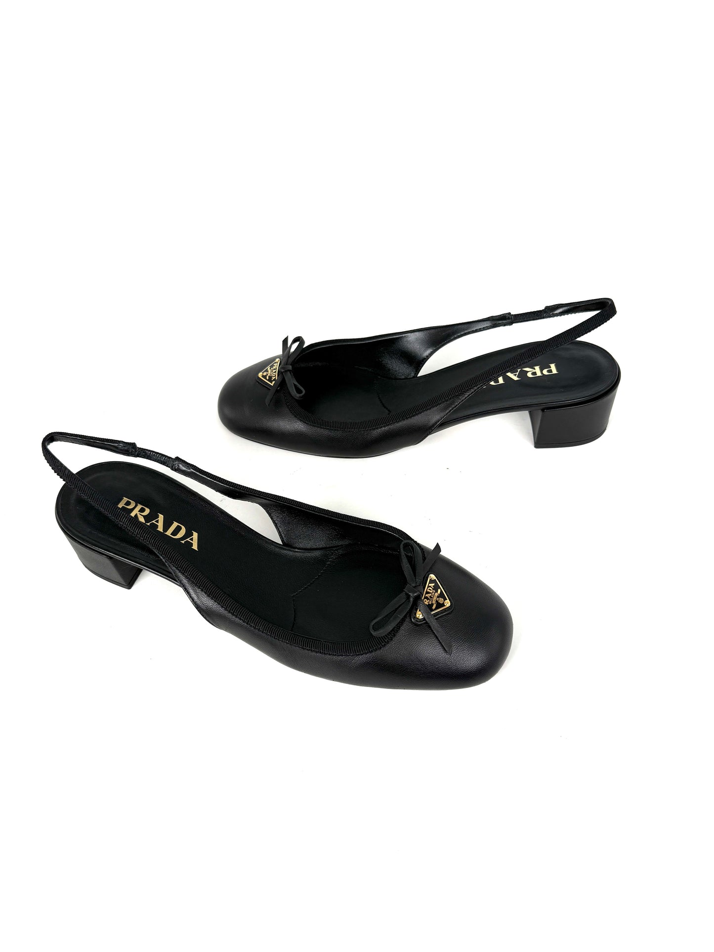 PRADA Triangle Logo Black Round Toe Slingback Bow Pumps Heels 39, 8.5