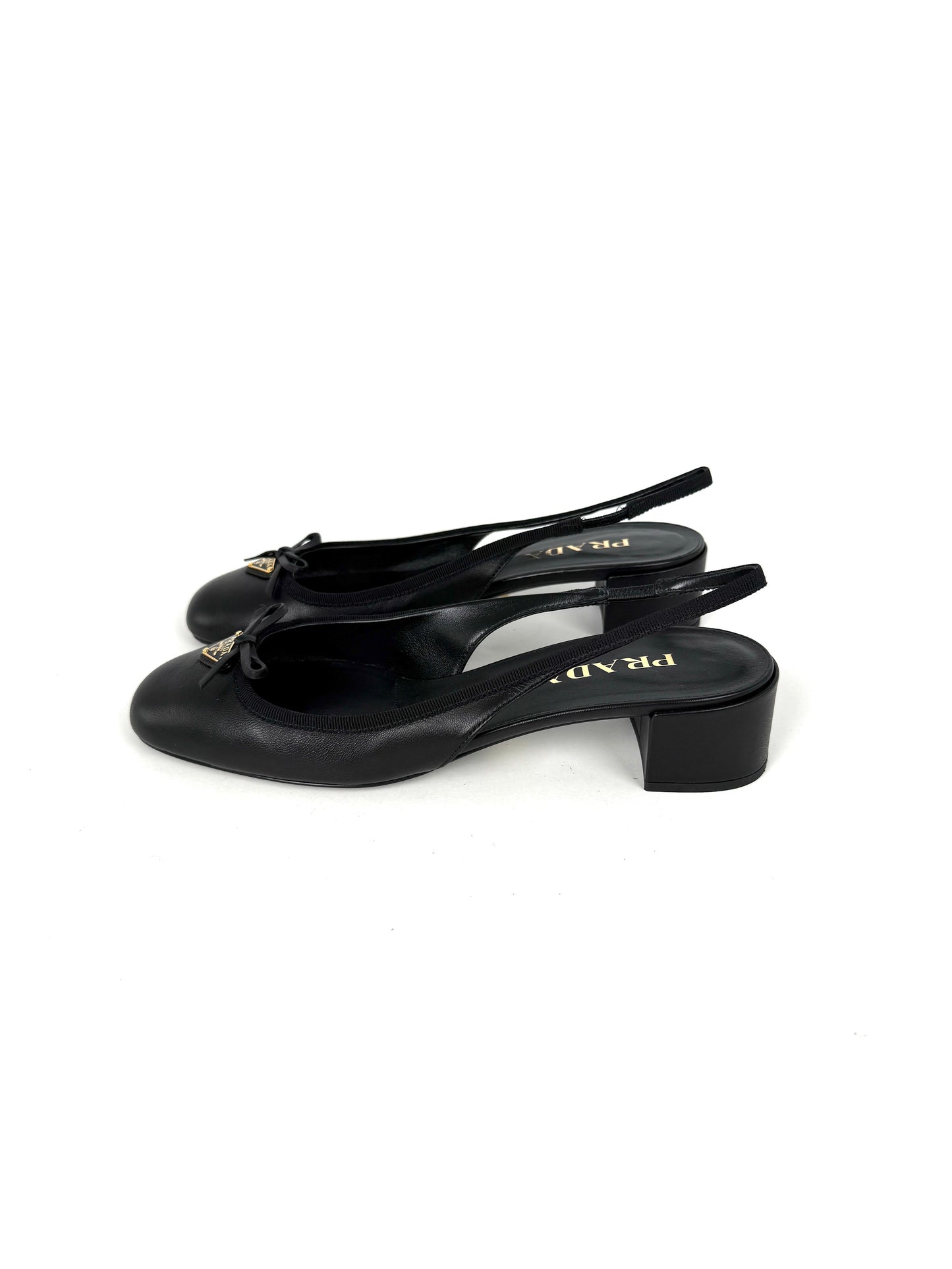 PRADA Triangle Logo Black Round Toe Slingback Bow Pumps Heels 39, 8.5