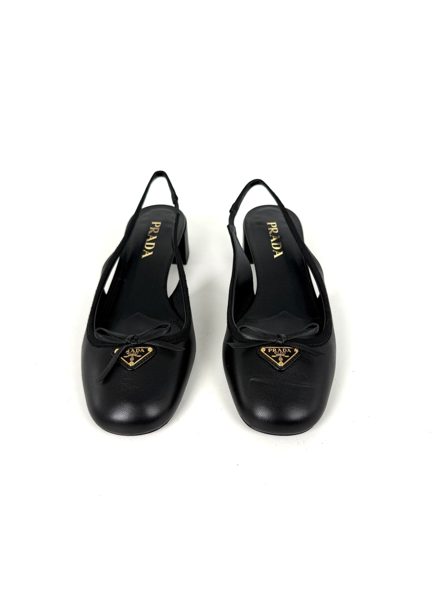 PRADA Triangle Logo Black Round Toe Slingback Bow Pumps Heels 39, 8.5