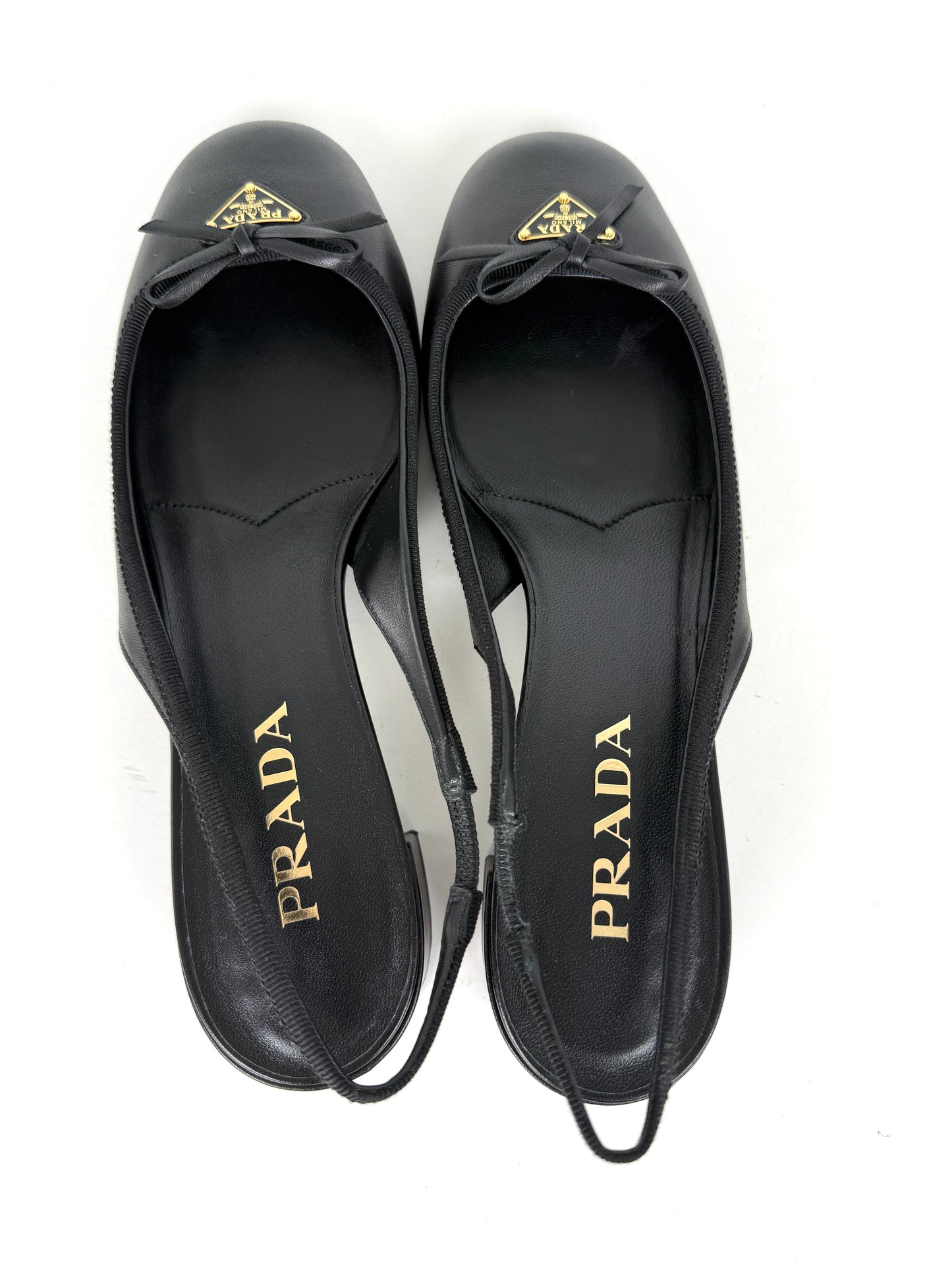 PRADA Triangle Logo Black Round Toe Slingback Bow Pumps Heels 39, 8.5