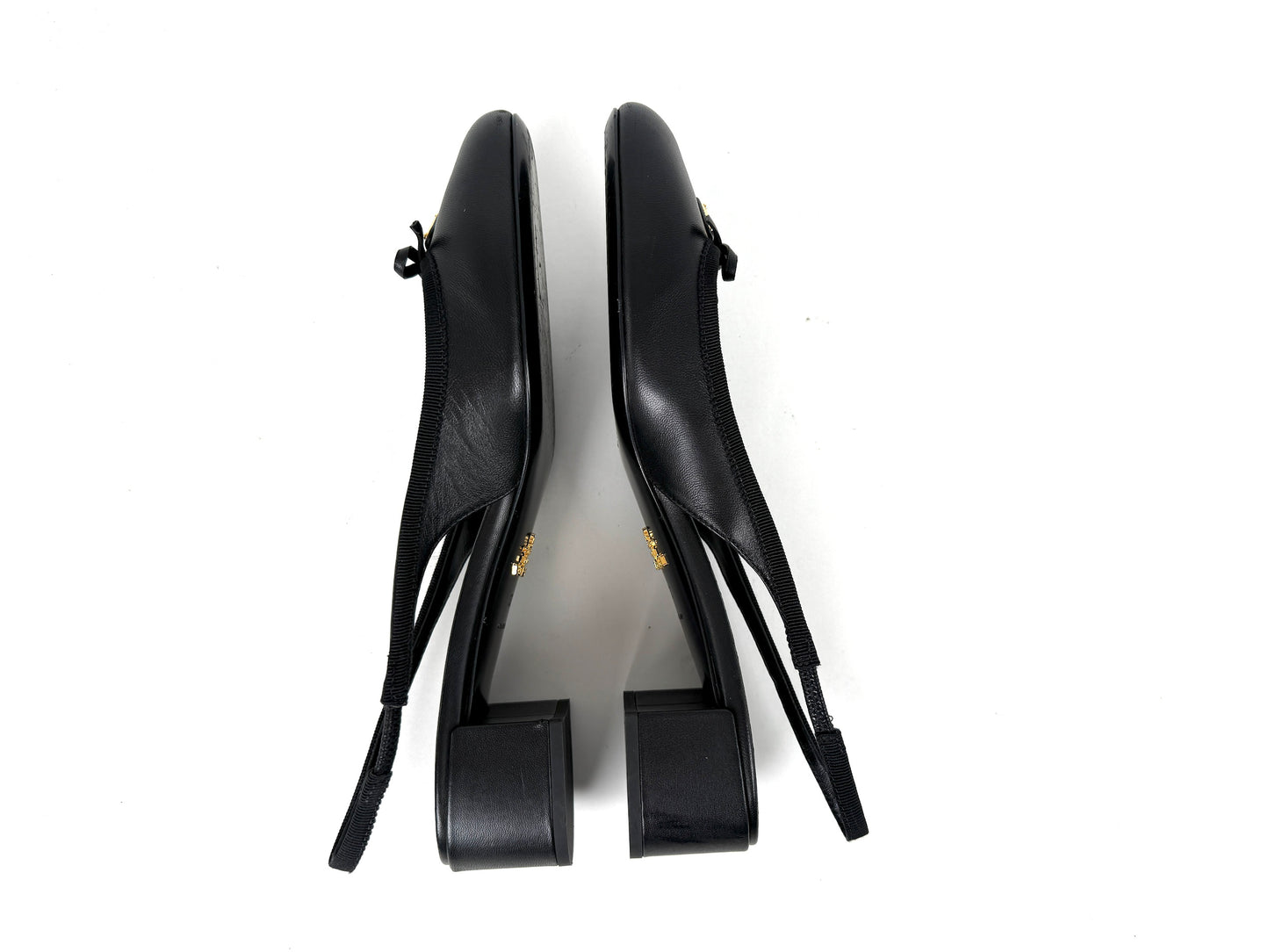 PRADA Triangle Logo Black Round Toe Slingback Bow Pumps Heels 39, 8.5