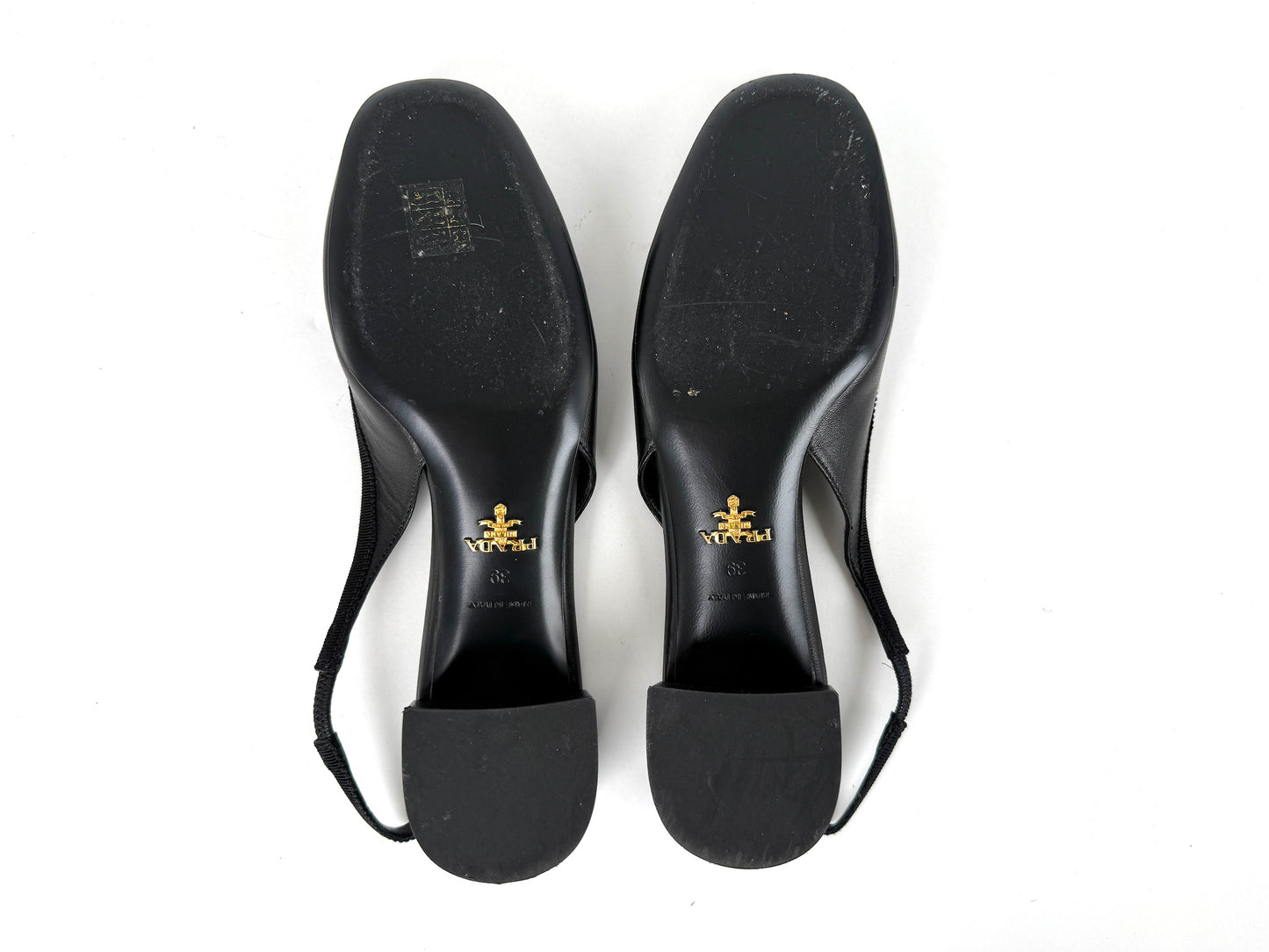 PRADA Triangle Logo Black Round Toe Slingback Bow Pumps Heels 39, 8.5