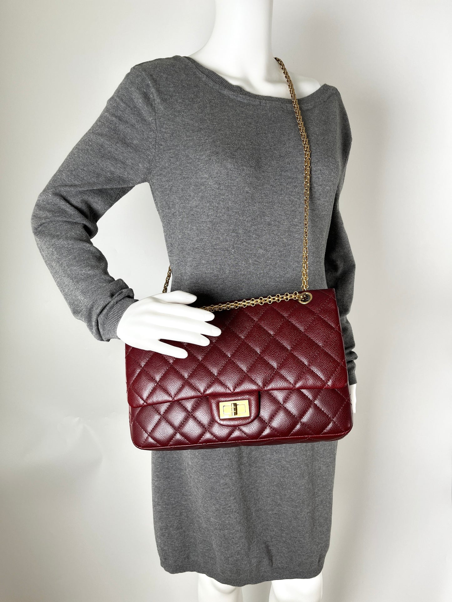 CHANEL 2.55 Burgundy Caviar 227 Classic Flap Gold Hardware Shoulder Crossbody Bag