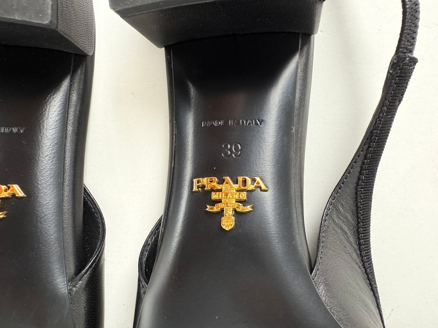 PRADA Triangle Logo Black Round Toe Slingback Bow Pumps Heels 39, 8.5