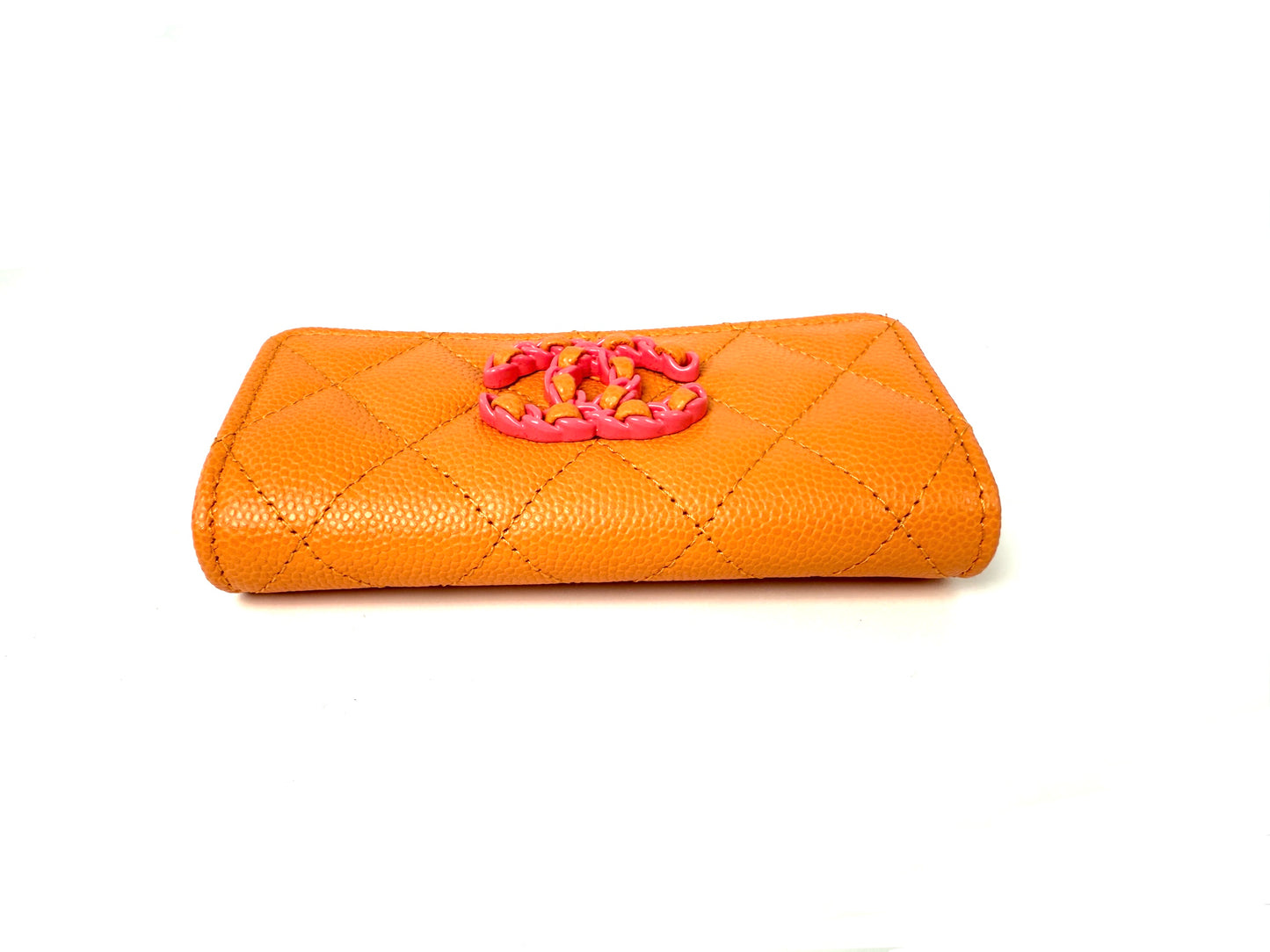 CHANEL 19 Flap Caviar Leather Orange Pink 2024 Compact Card Holder Case