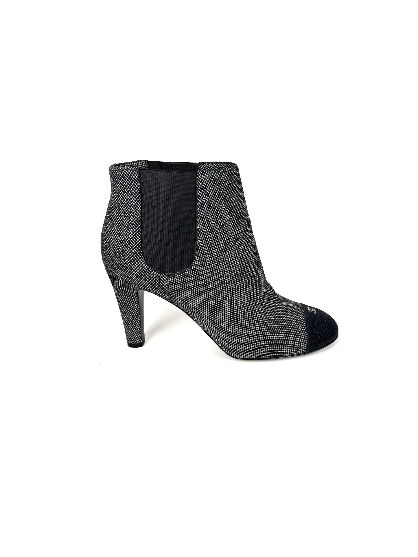 CHANEL Black Silver Tweed CC Logo Ankle Booties Boots 40 9.5