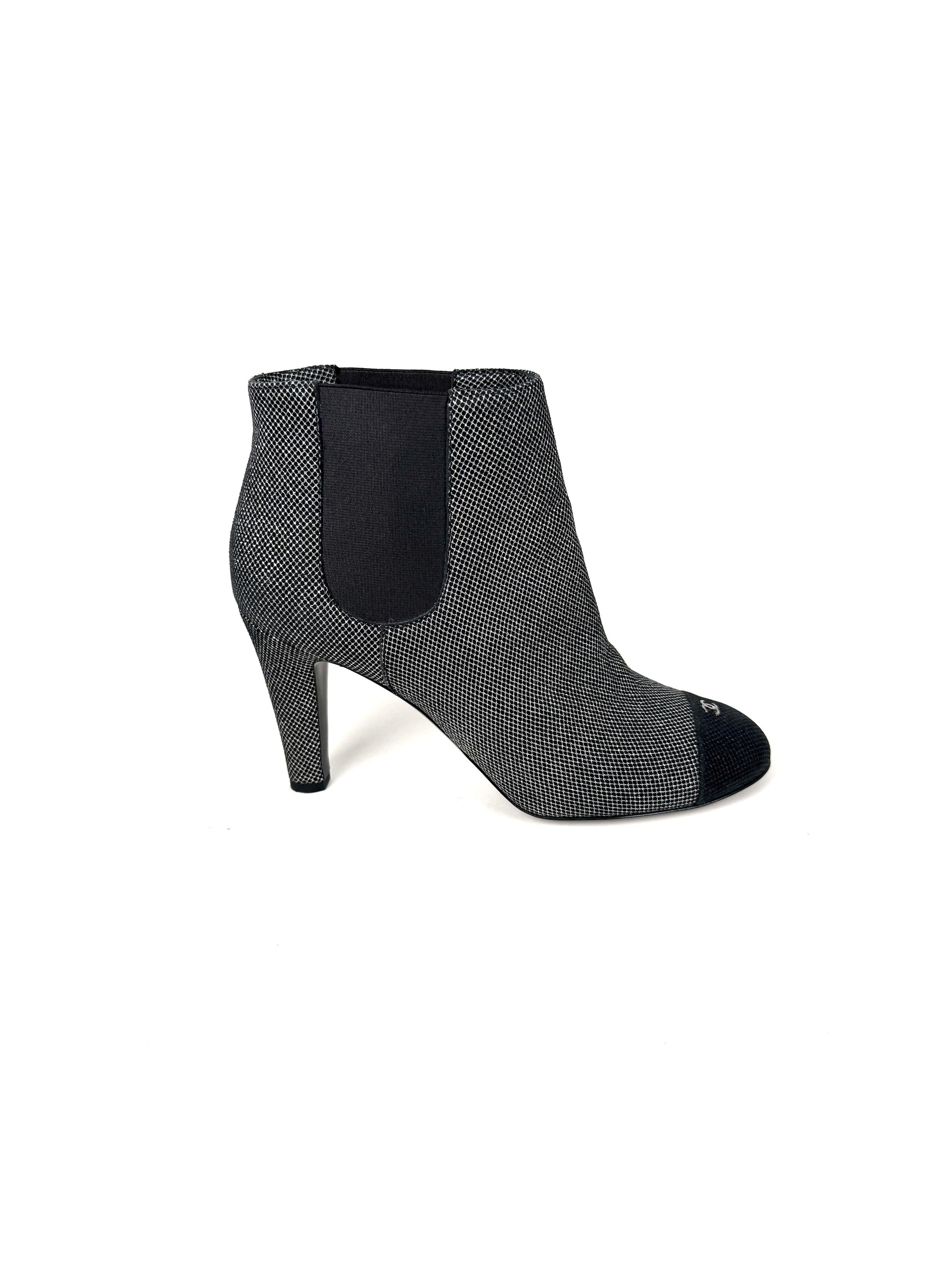 CHANEL Black Silver Tweed CC Logo Ankle Booties Boots 40 9.5