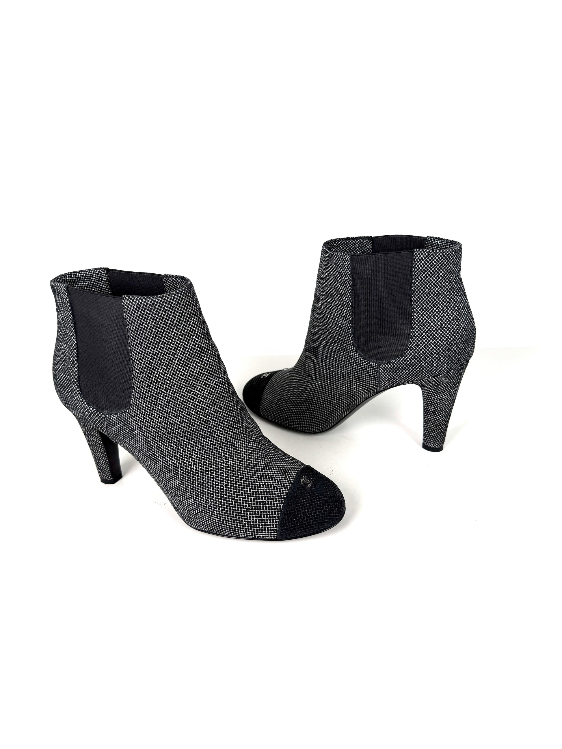 CHANEL Black Silver Tweed CC Logo Ankle Booties Boots 40 9.5