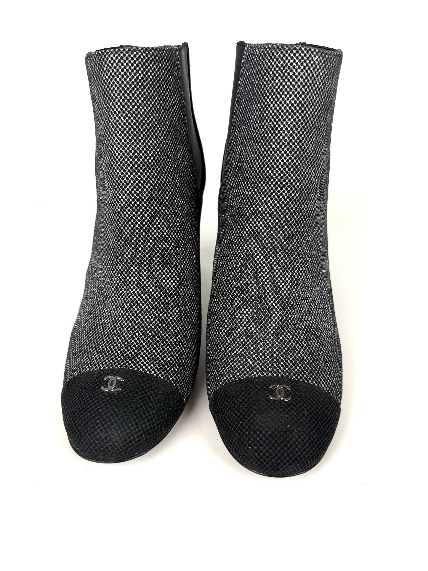 CHANEL Black Silver Tweed CC Logo Ankle Booties Boots 40 9.5