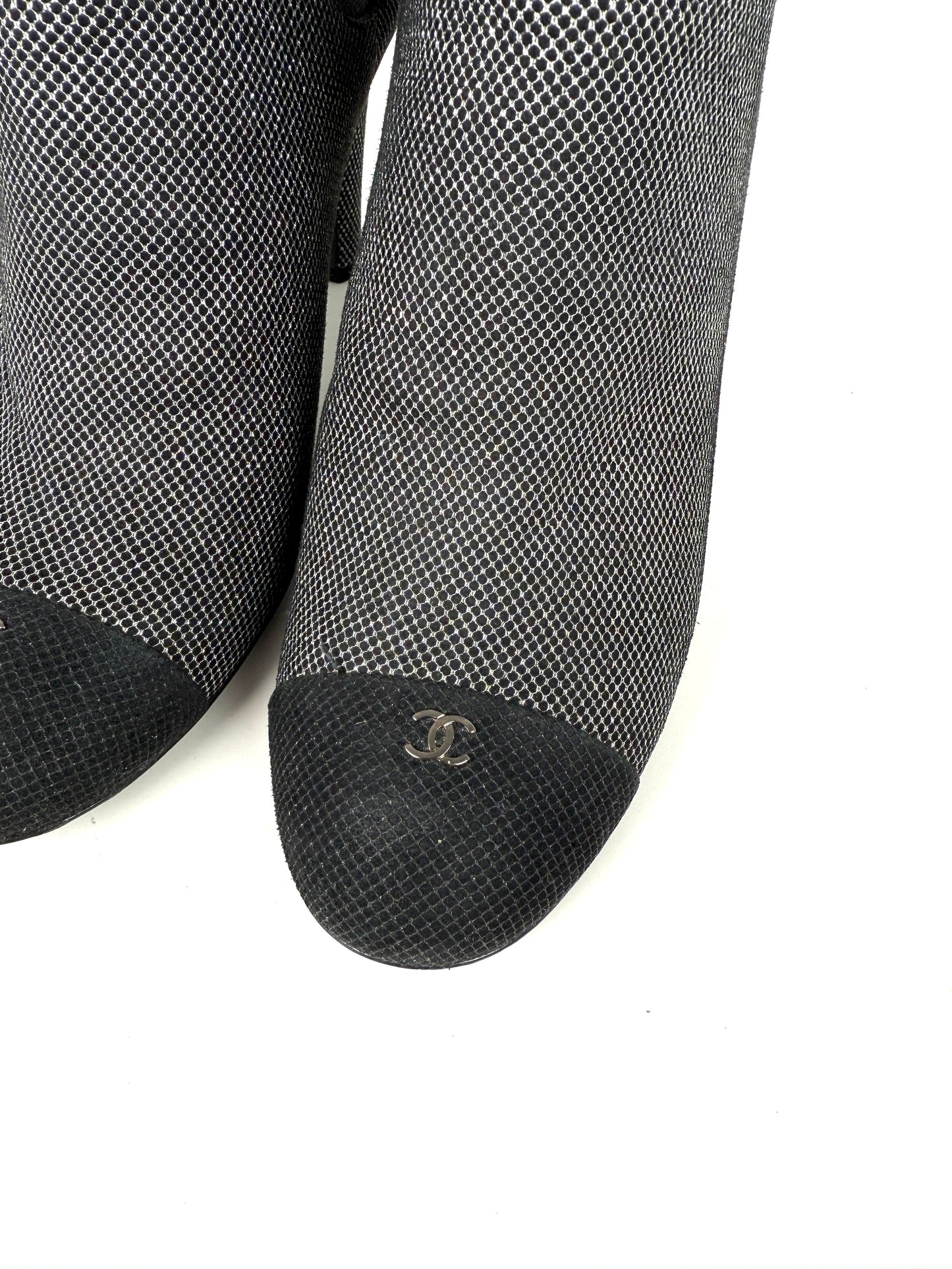 CHANEL Black Silver Tweed CC Logo Ankle Booties Boots 40 9.5