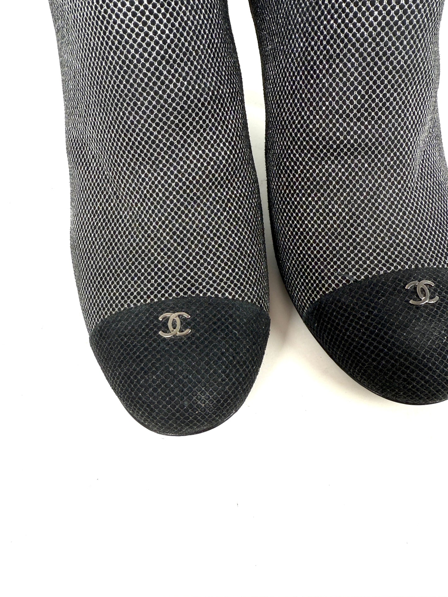 CHANEL Black Silver Tweed CC Logo Ankle Booties Boots 40 9.5