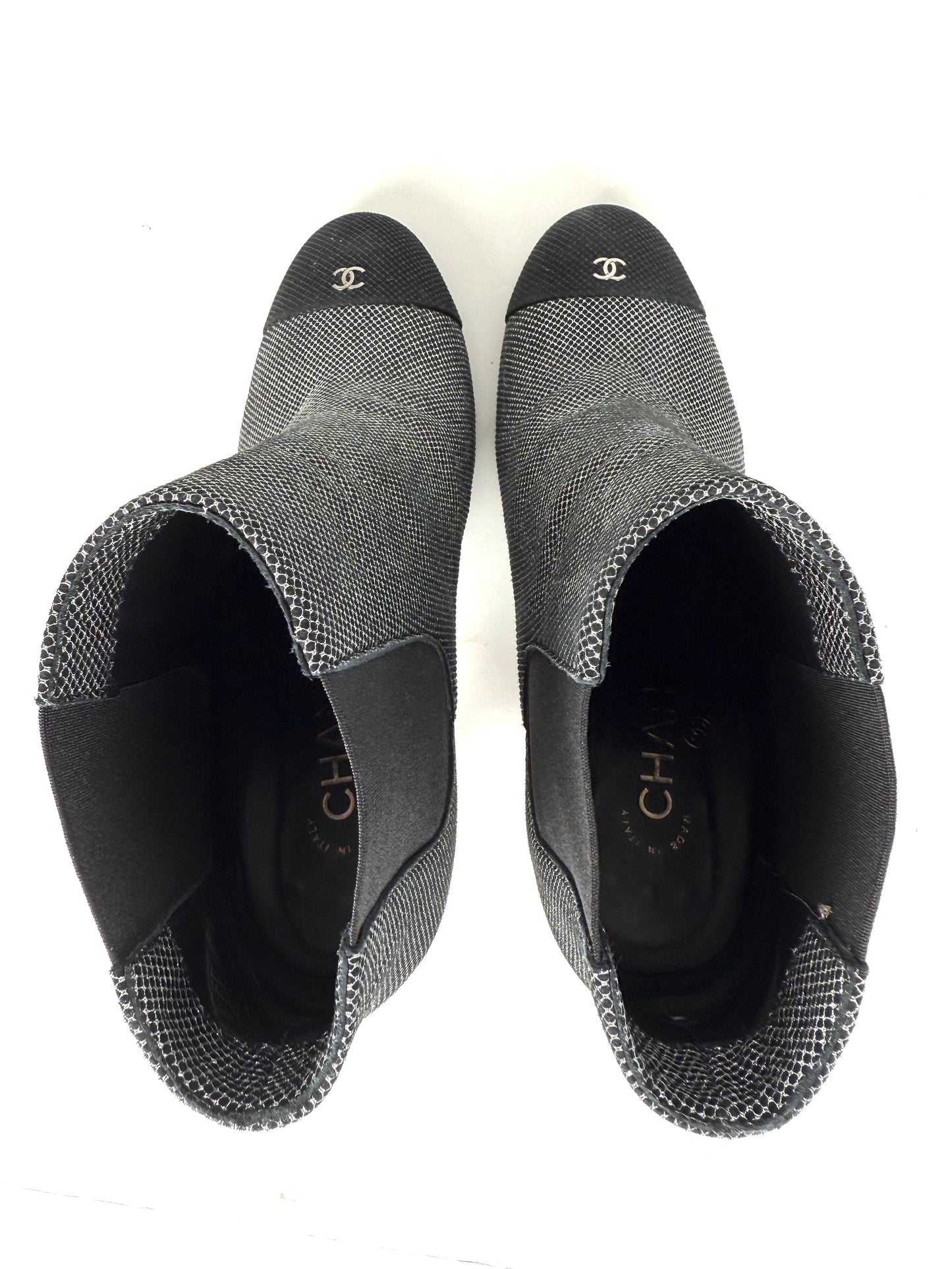 CHANEL Black Silver Tweed CC Logo Ankle Booties Boots 40 9.5