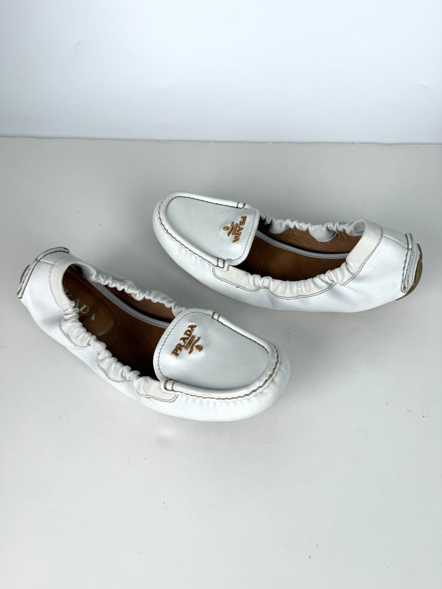Prada White Leather Drivers Flats Shoes 40 9.5