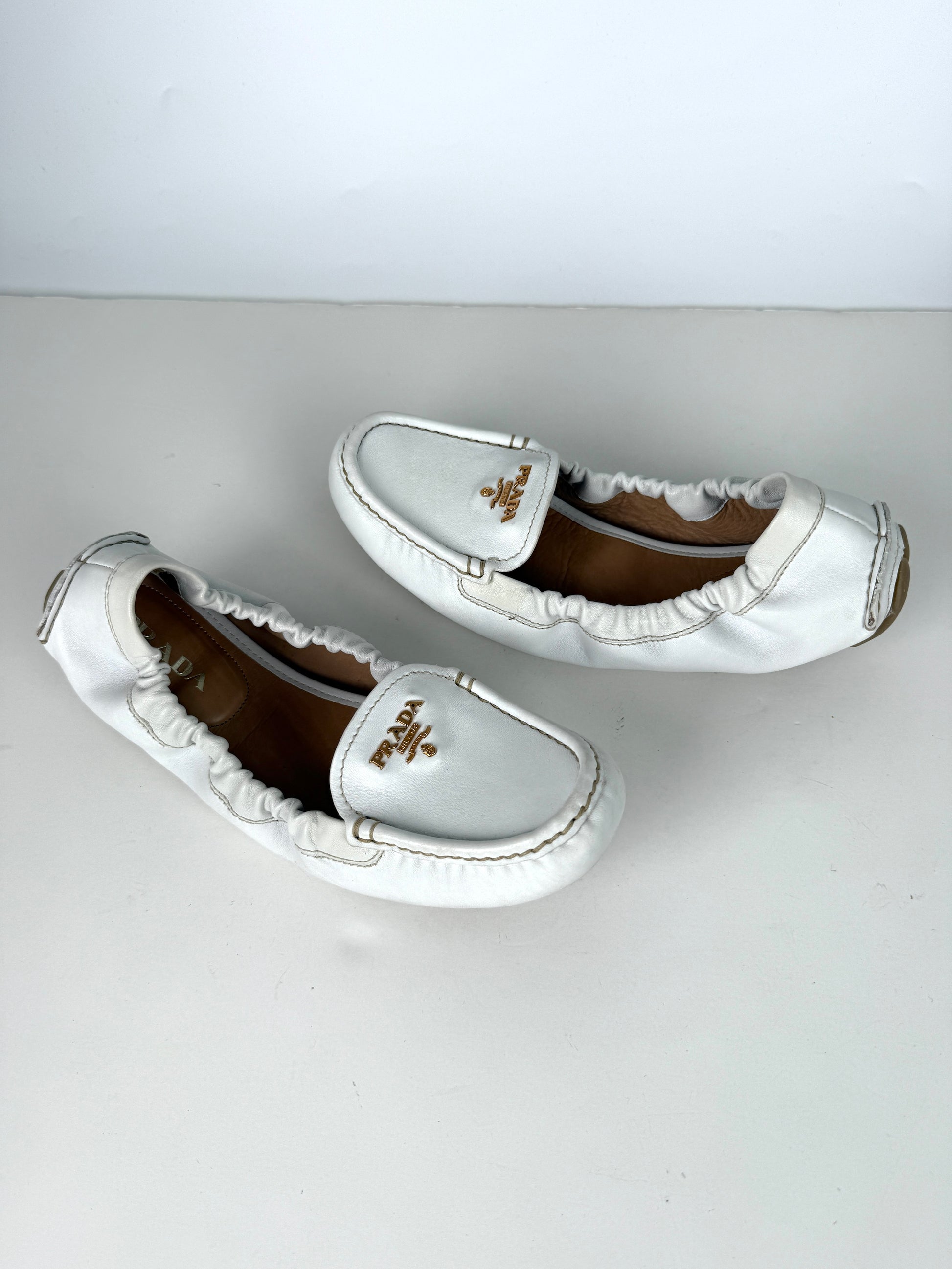 Prada White Leather Drivers Flats Shoes 40 9.5
