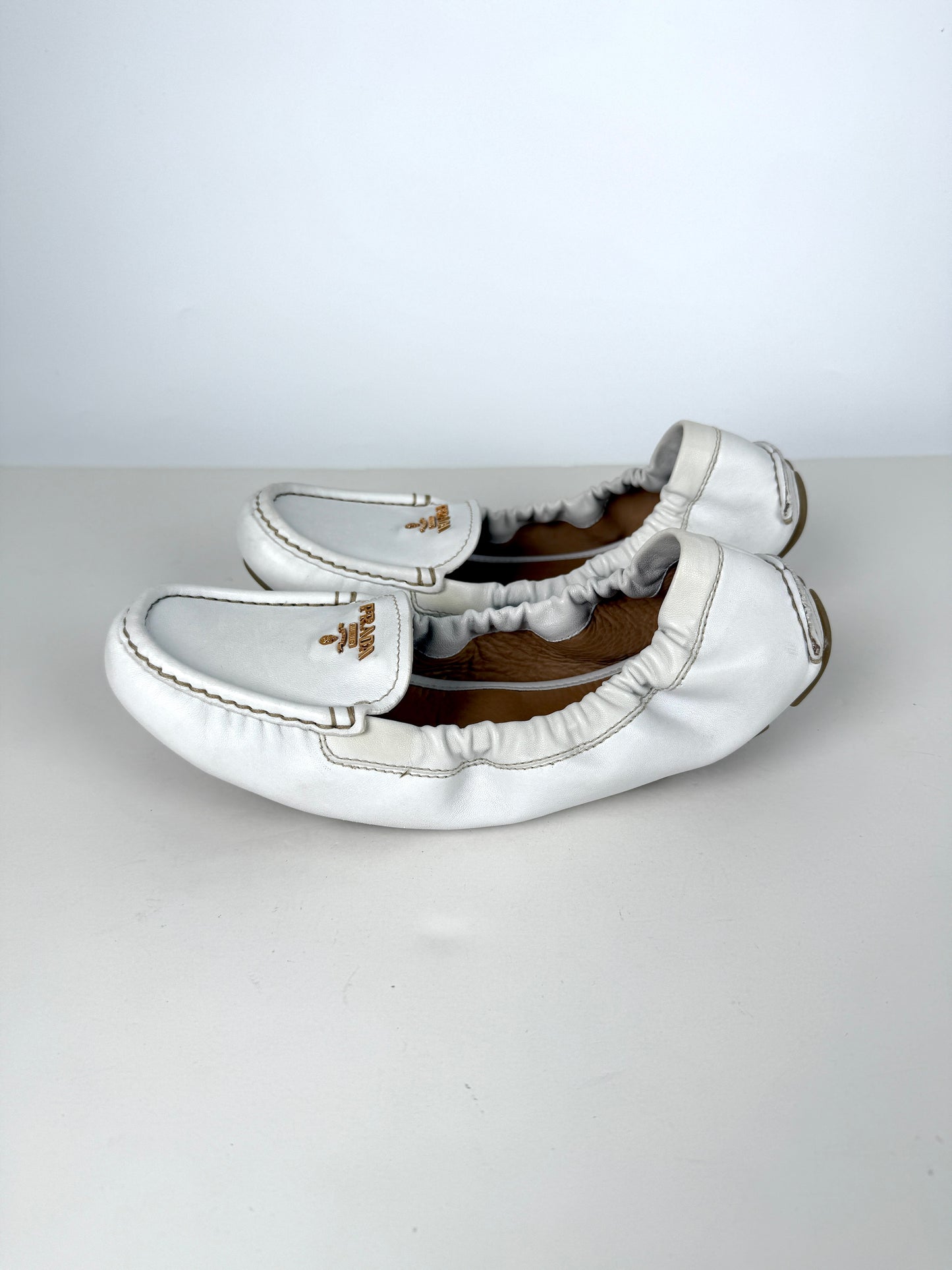Prada White Leather Drivers Flats Shoes 40 9.5