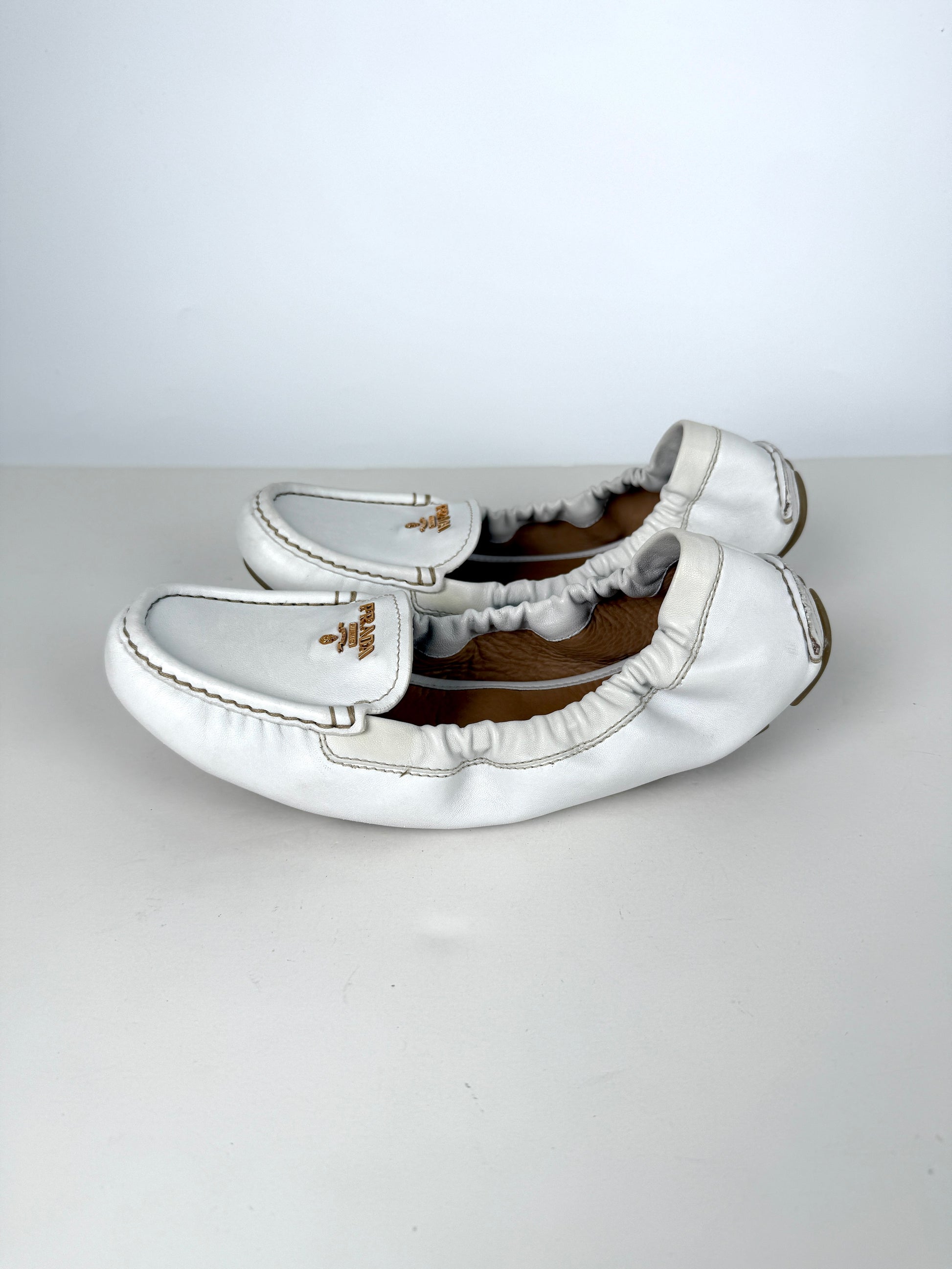 Prada White Leather Drivers Flats Shoes 40 9.5