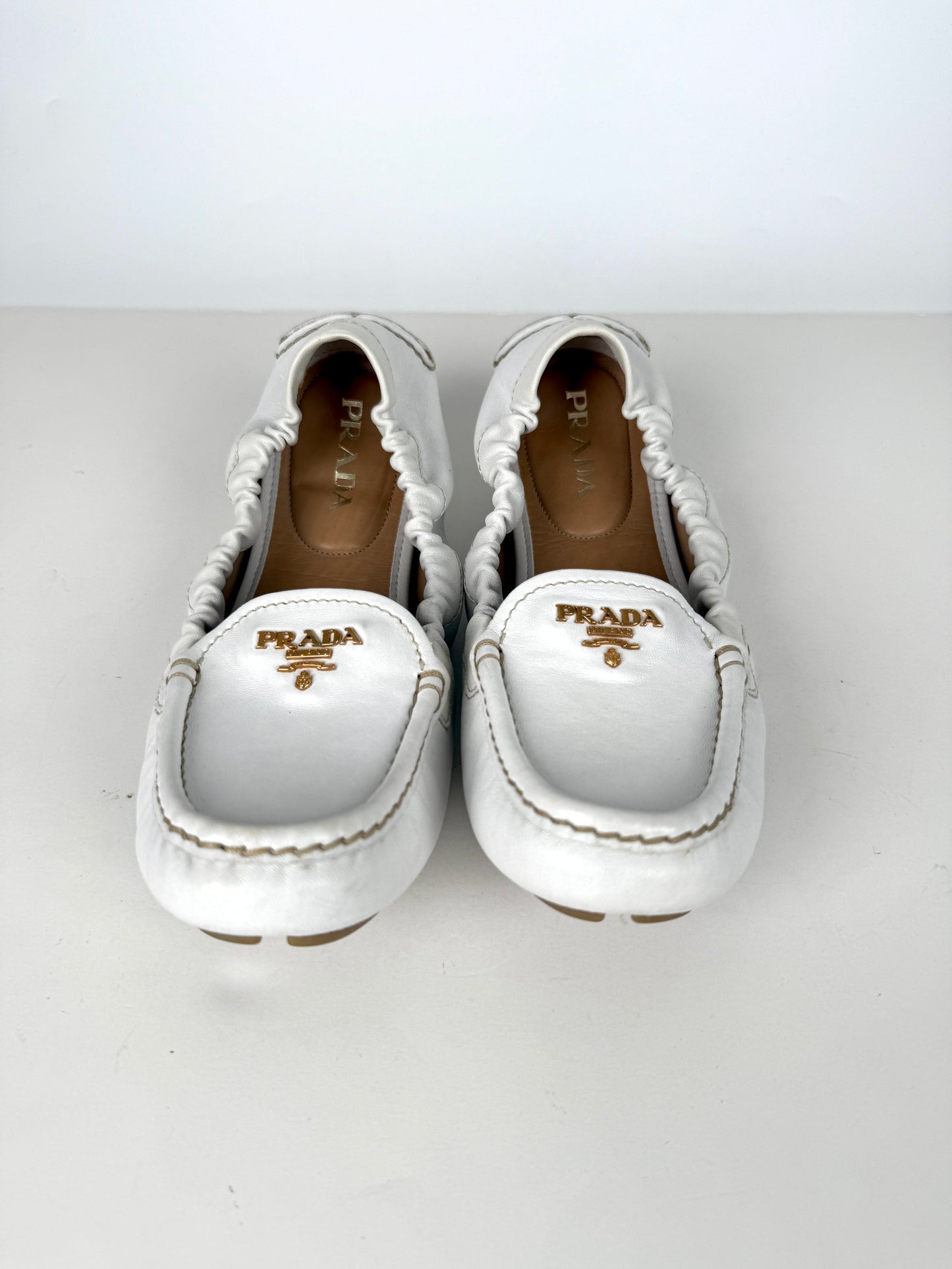 Prada White Leather Drivers Flats Shoes 40 9.5