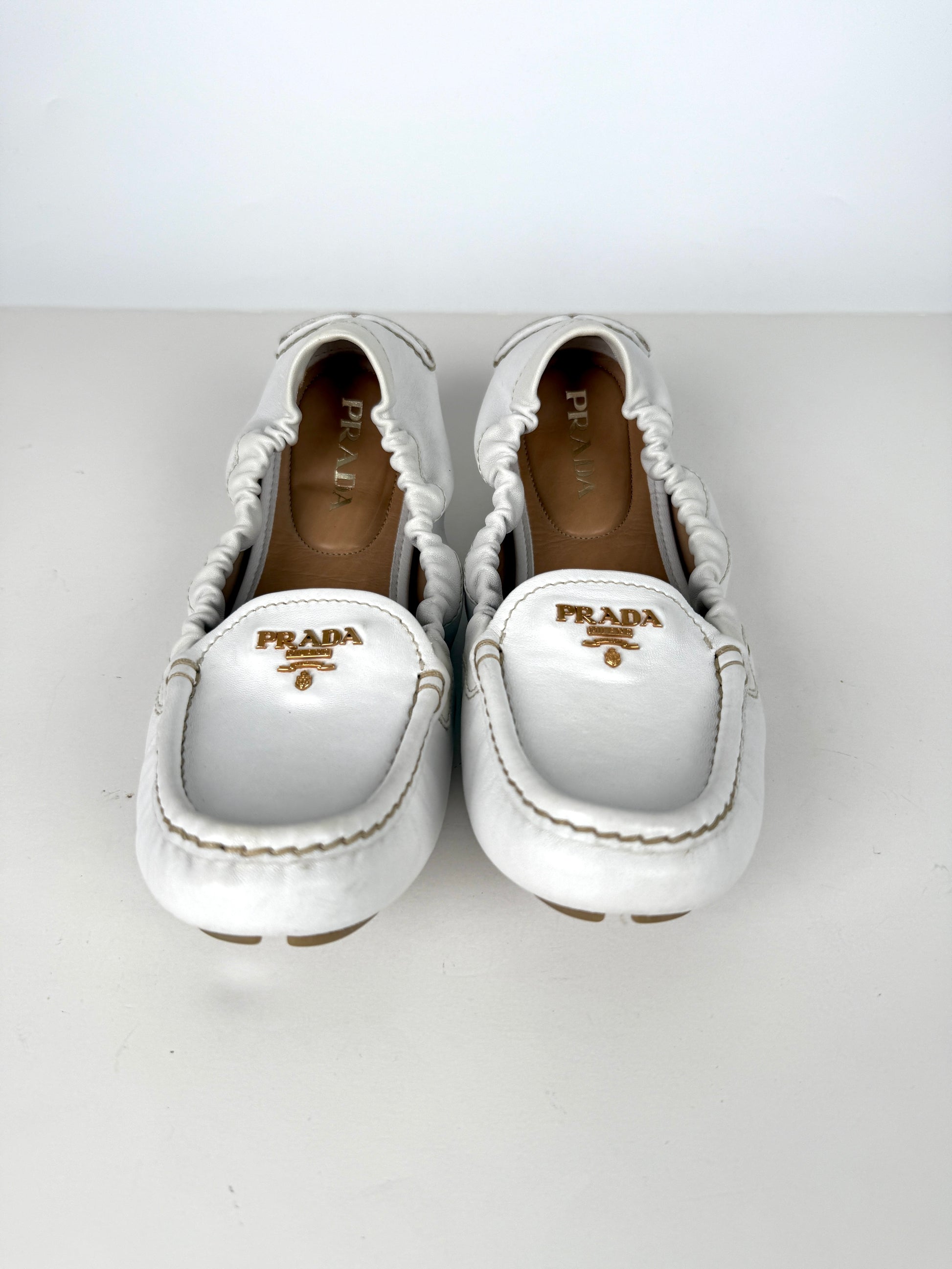 Prada White Leather Drivers Flats Shoes 40 9.5