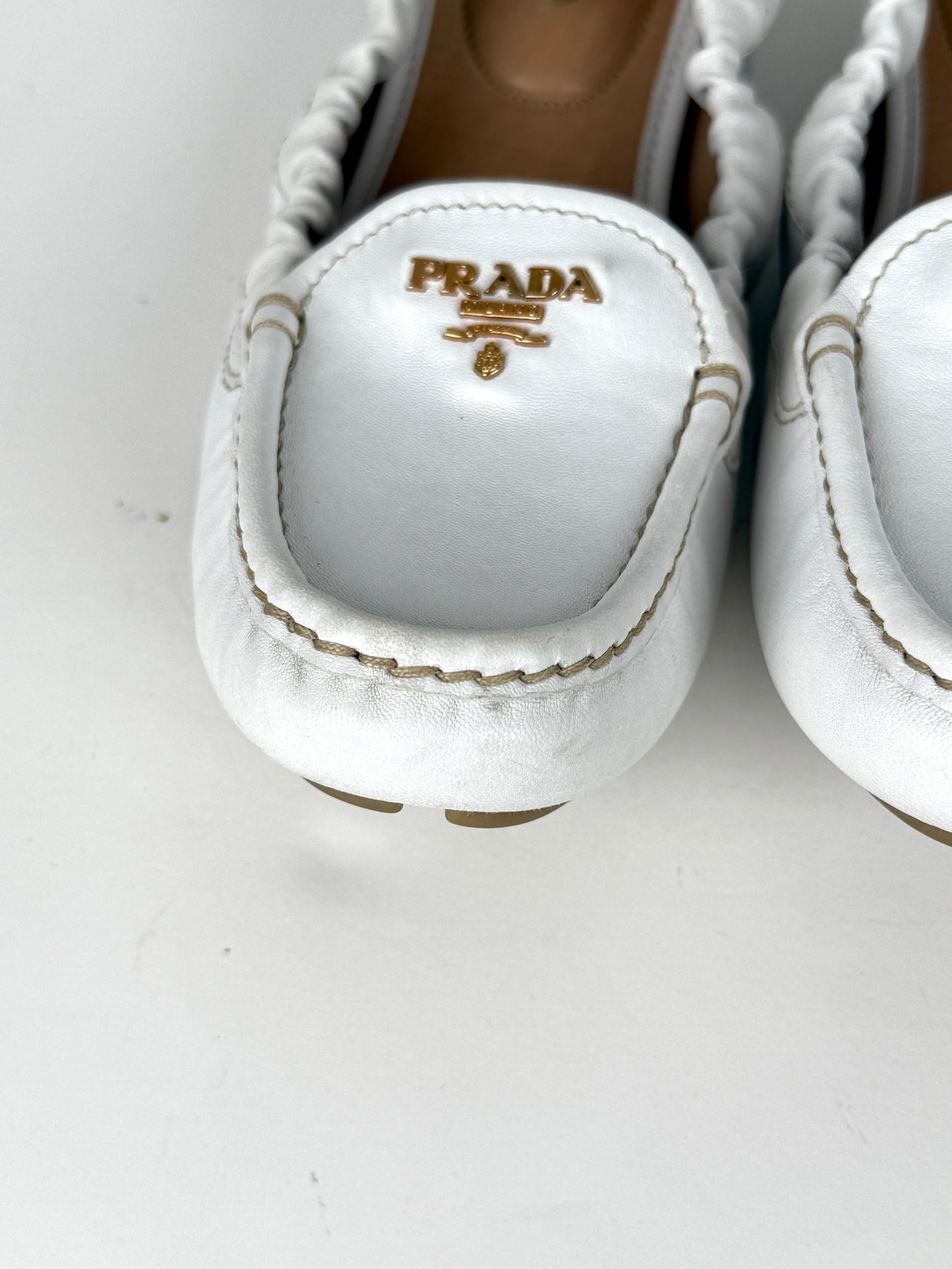 Prada White Leather Drivers Flats Shoes 39.5 9.5