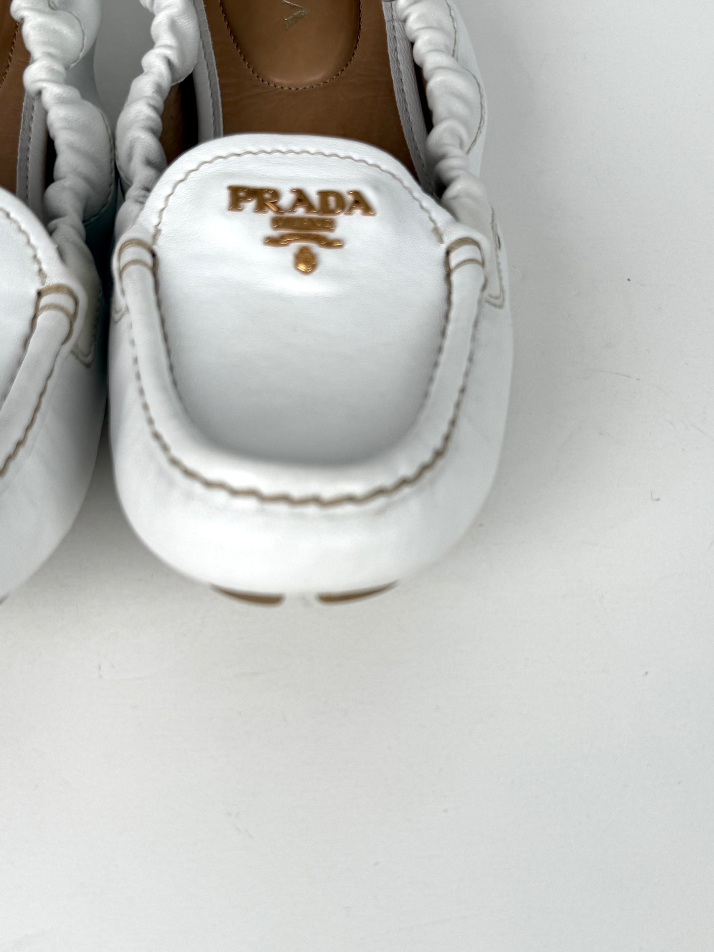 Prada White Leather Drivers Flats Shoes 39.5 9.5