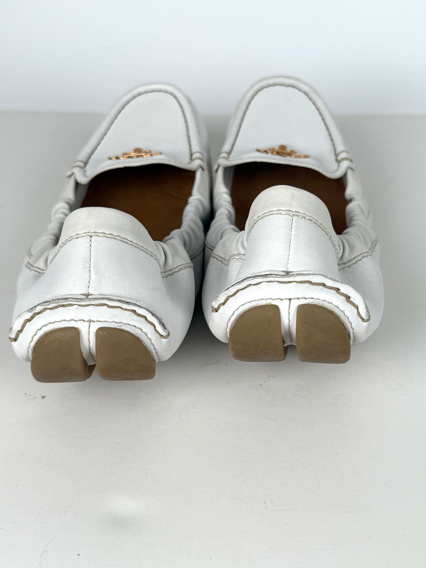 Prada White Leather Drivers Flats Shoes 39.5 9.5