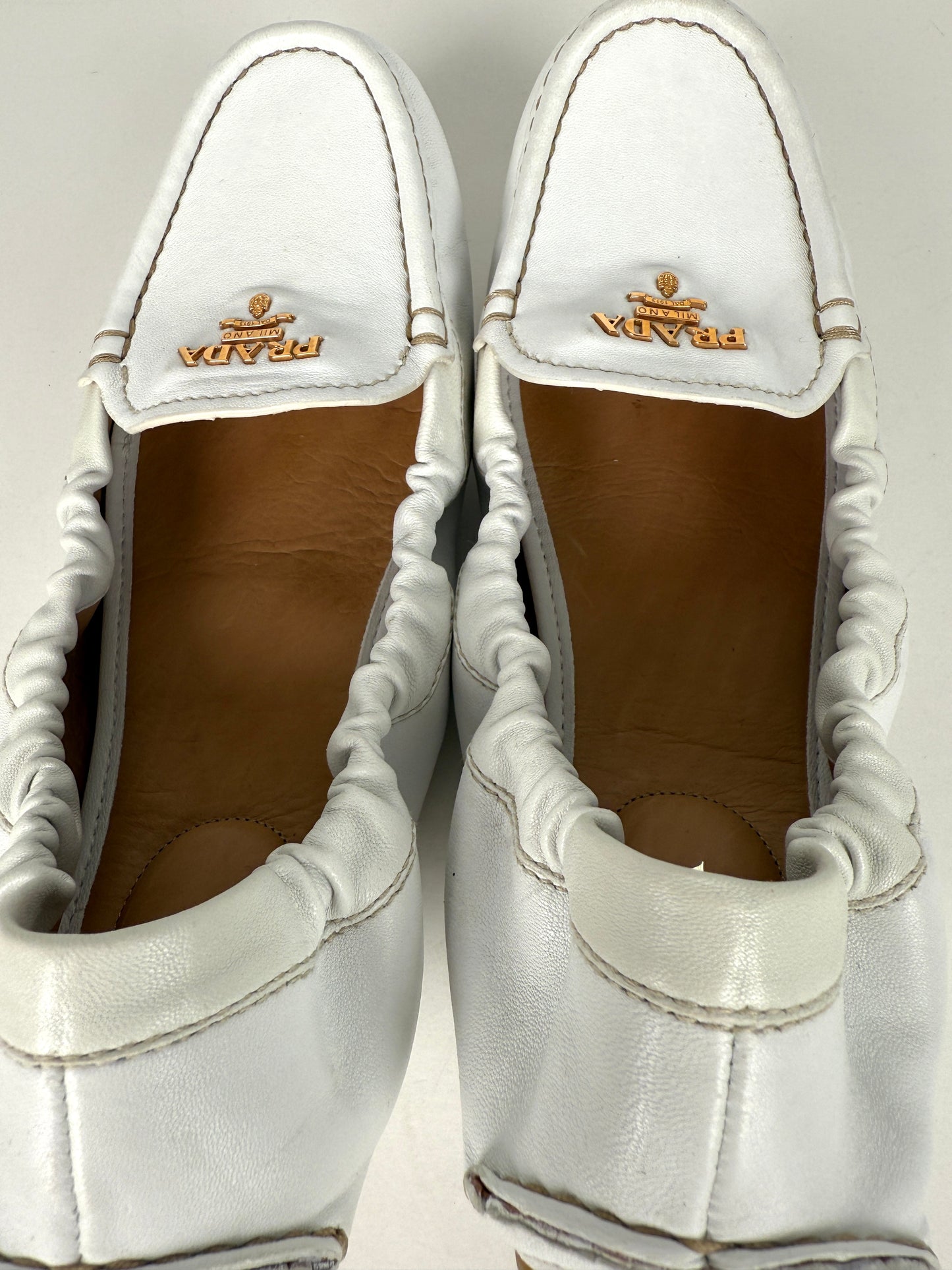 Prada White Leather Drivers Flats Shoes 39.5 9.5