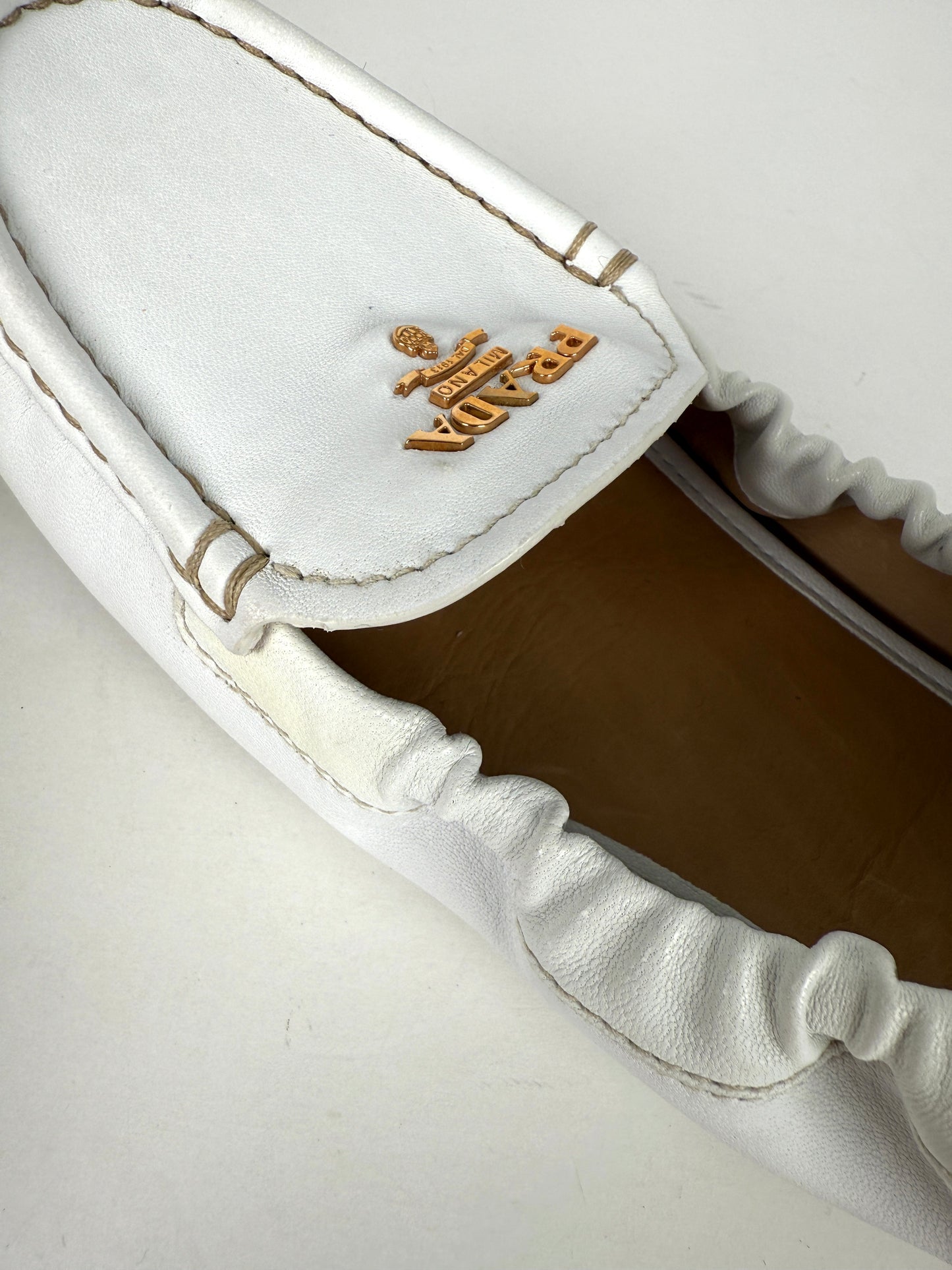 Prada White Leather Drivers Flats Shoes 39.5 9.5