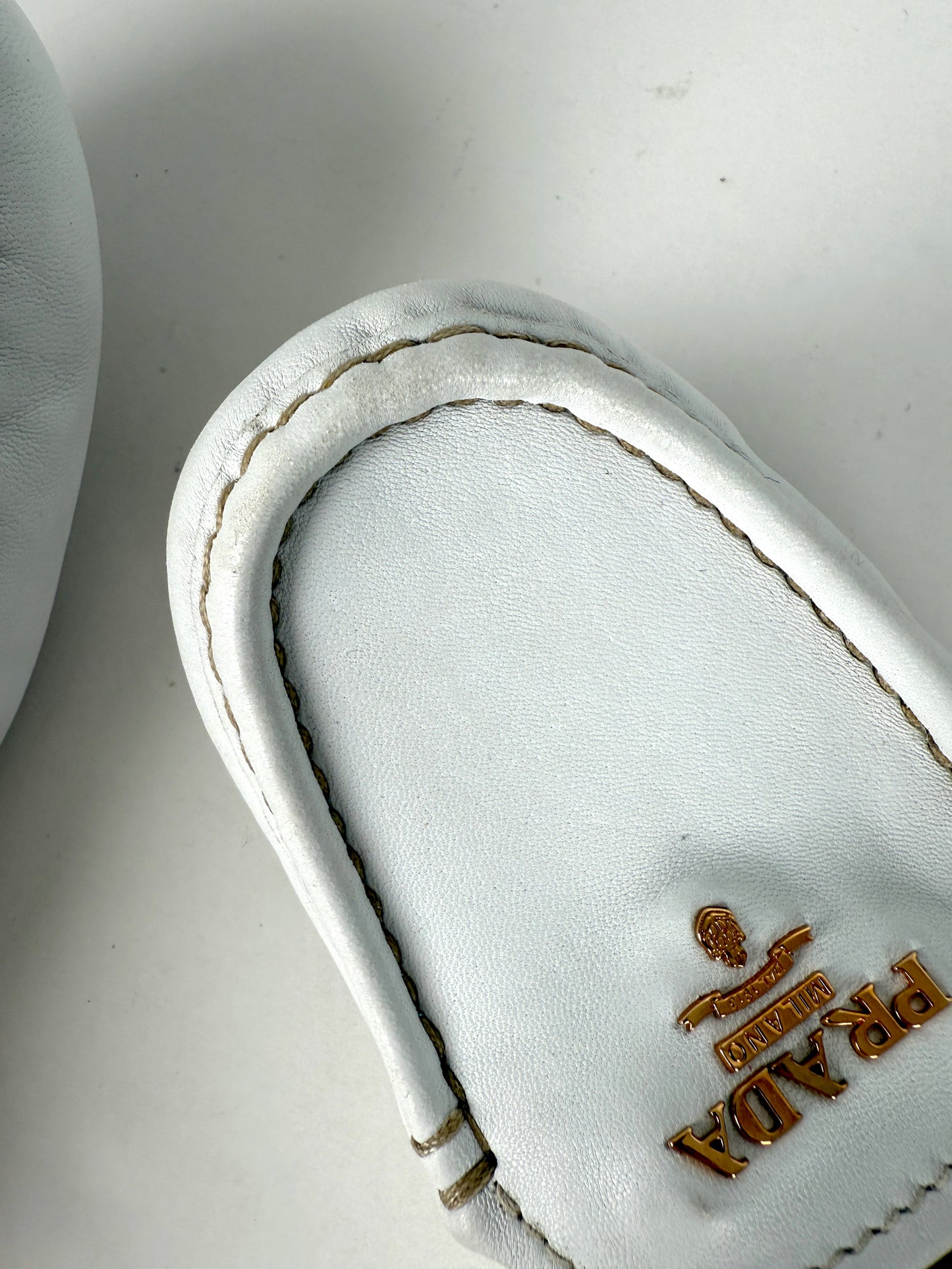 Prada White Leather Drivers Flats Shoes 39.5 9.5