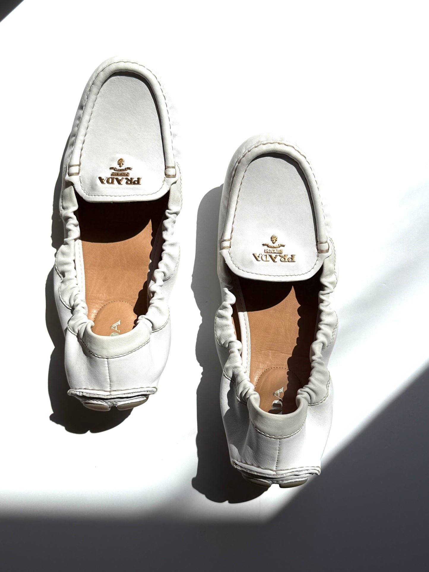 Prada White Leather Drivers Flats Shoes 40 9.5