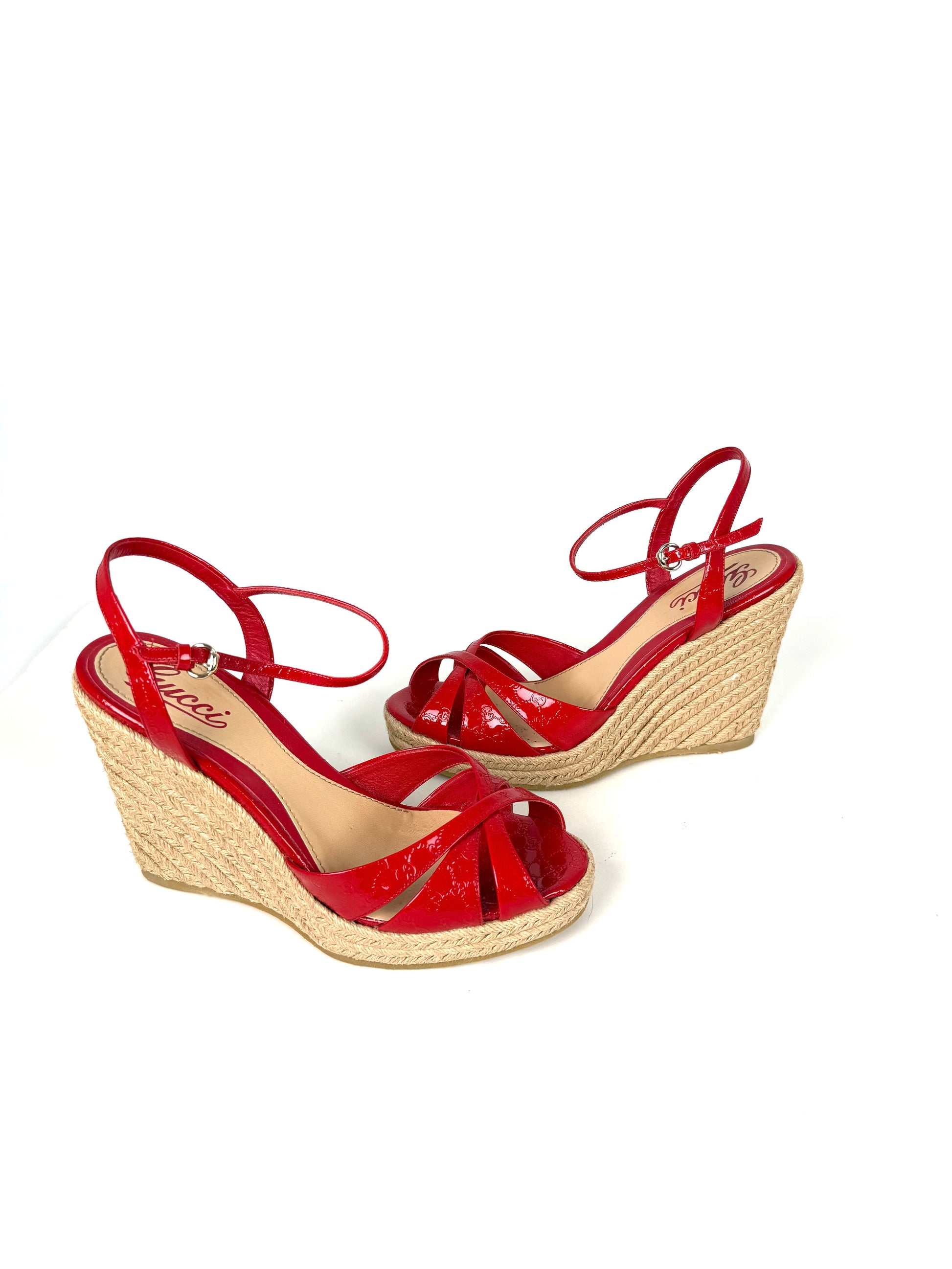 Gucci Micro GG Red Patent Leather Platform Wedge Sandals Heels 39.5 9.5