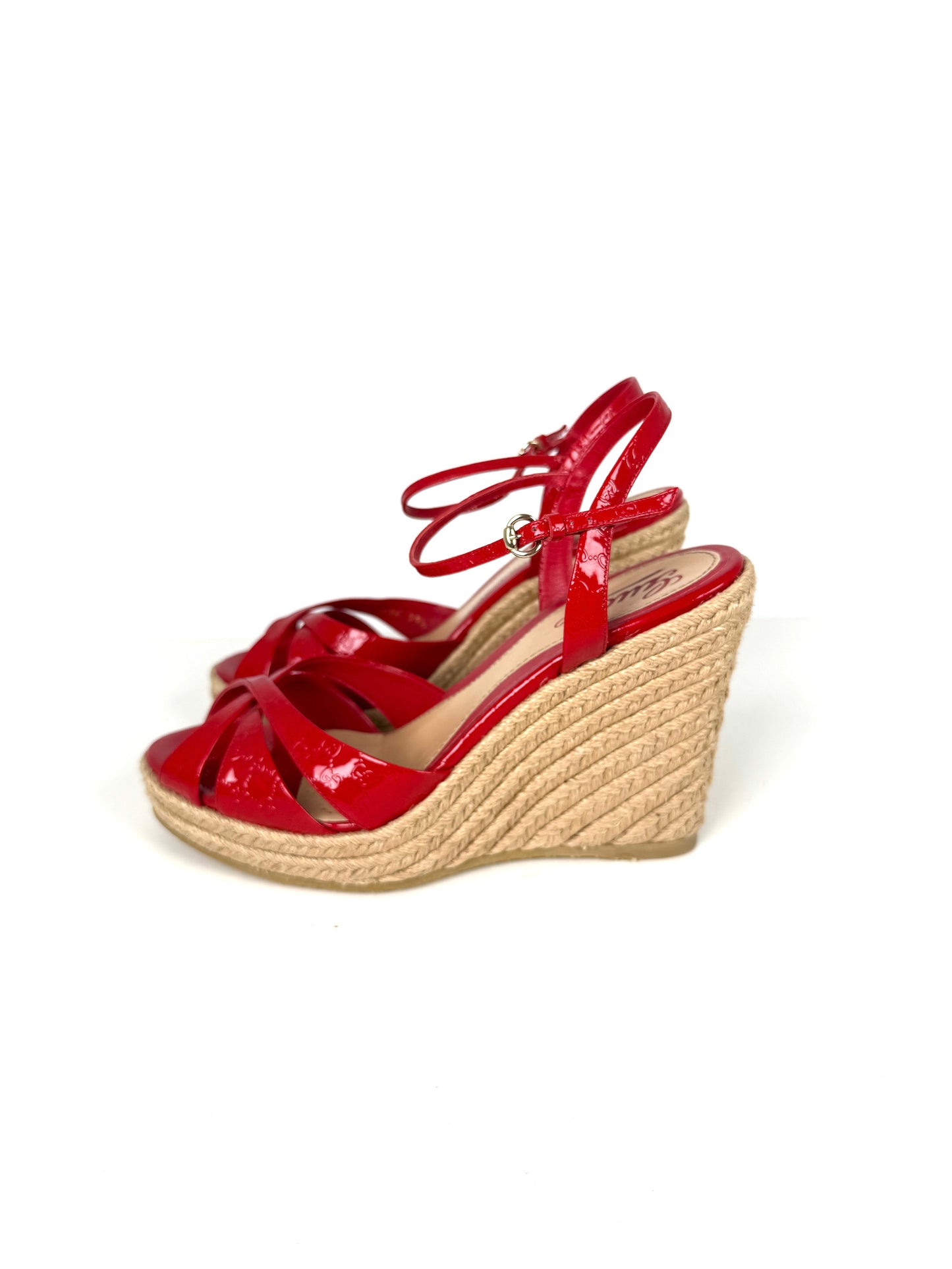Gucci Micro GG Red Patent Leather Platform Wedge Sandals Heels 39.5 9.5