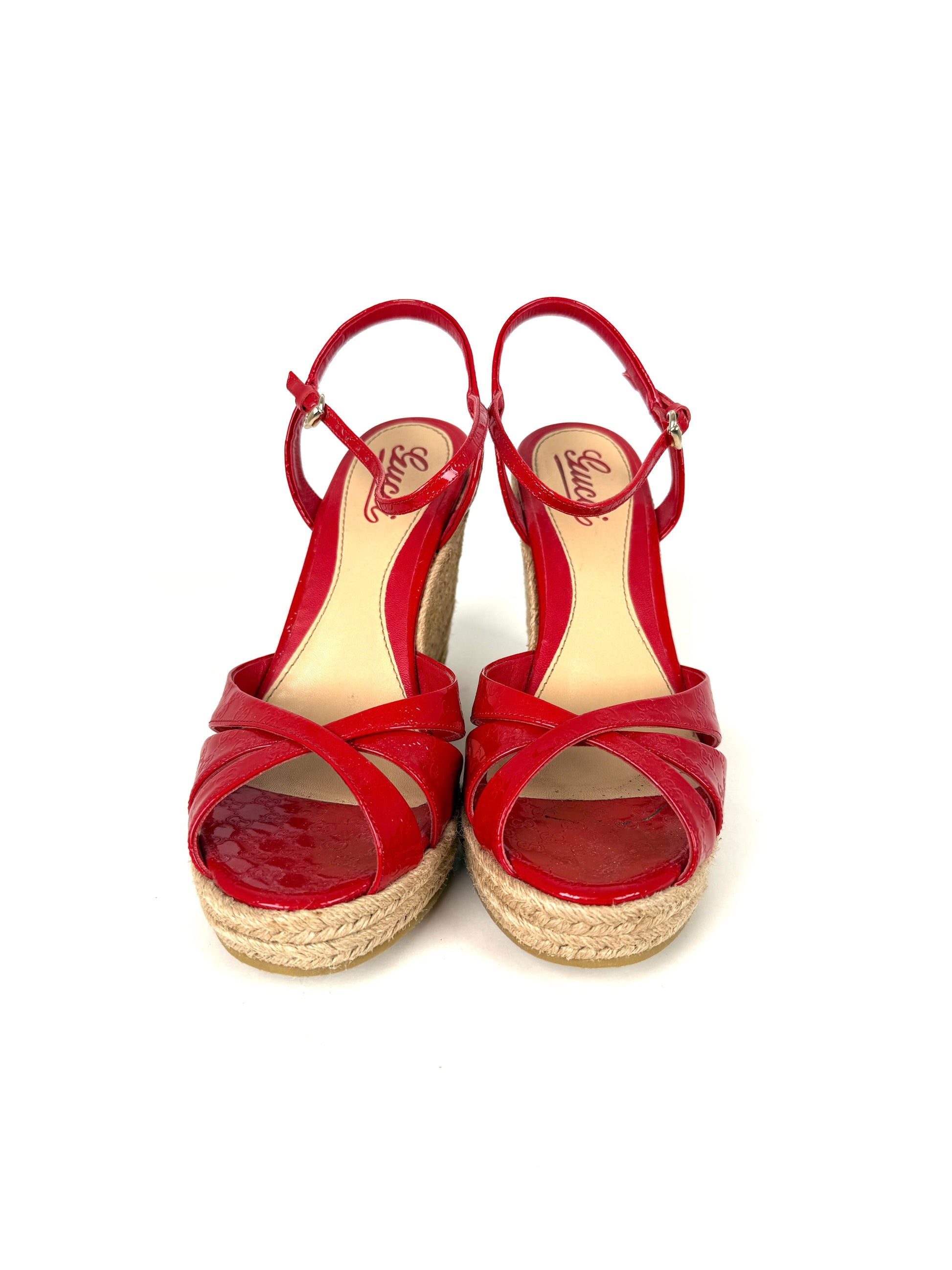Gucci Micro GG Red Patent Leather Platform Wedge Sandals Heels 39.5 9.5