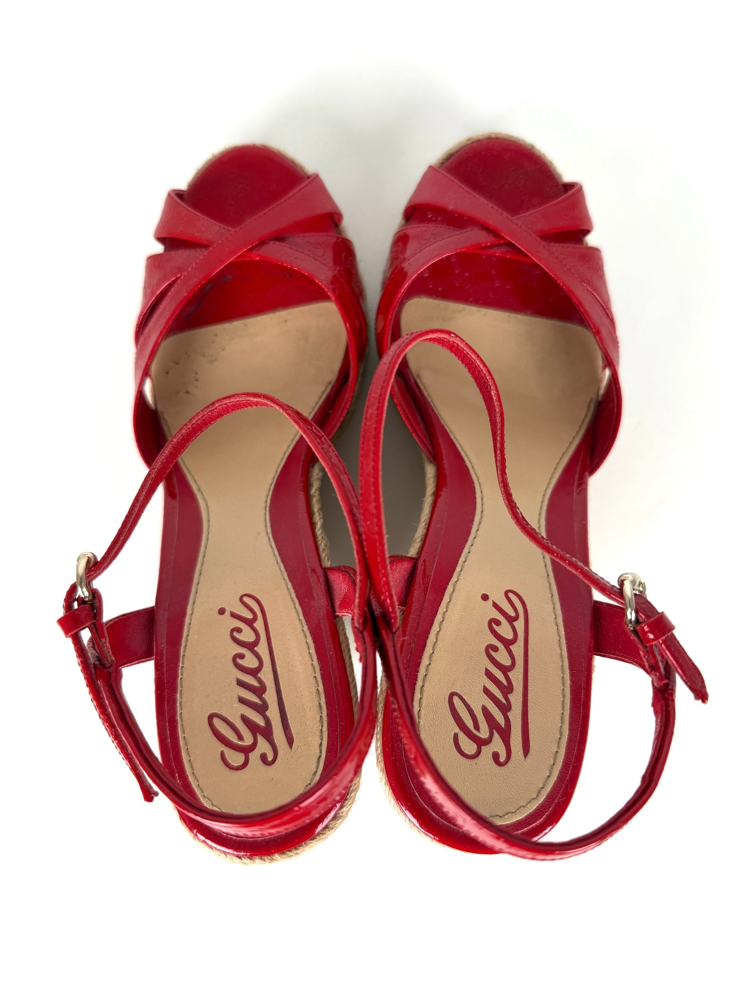 Gucci Micro GG Red Patent Leather Platform Wedge Sandals Heels 39.5 9.5