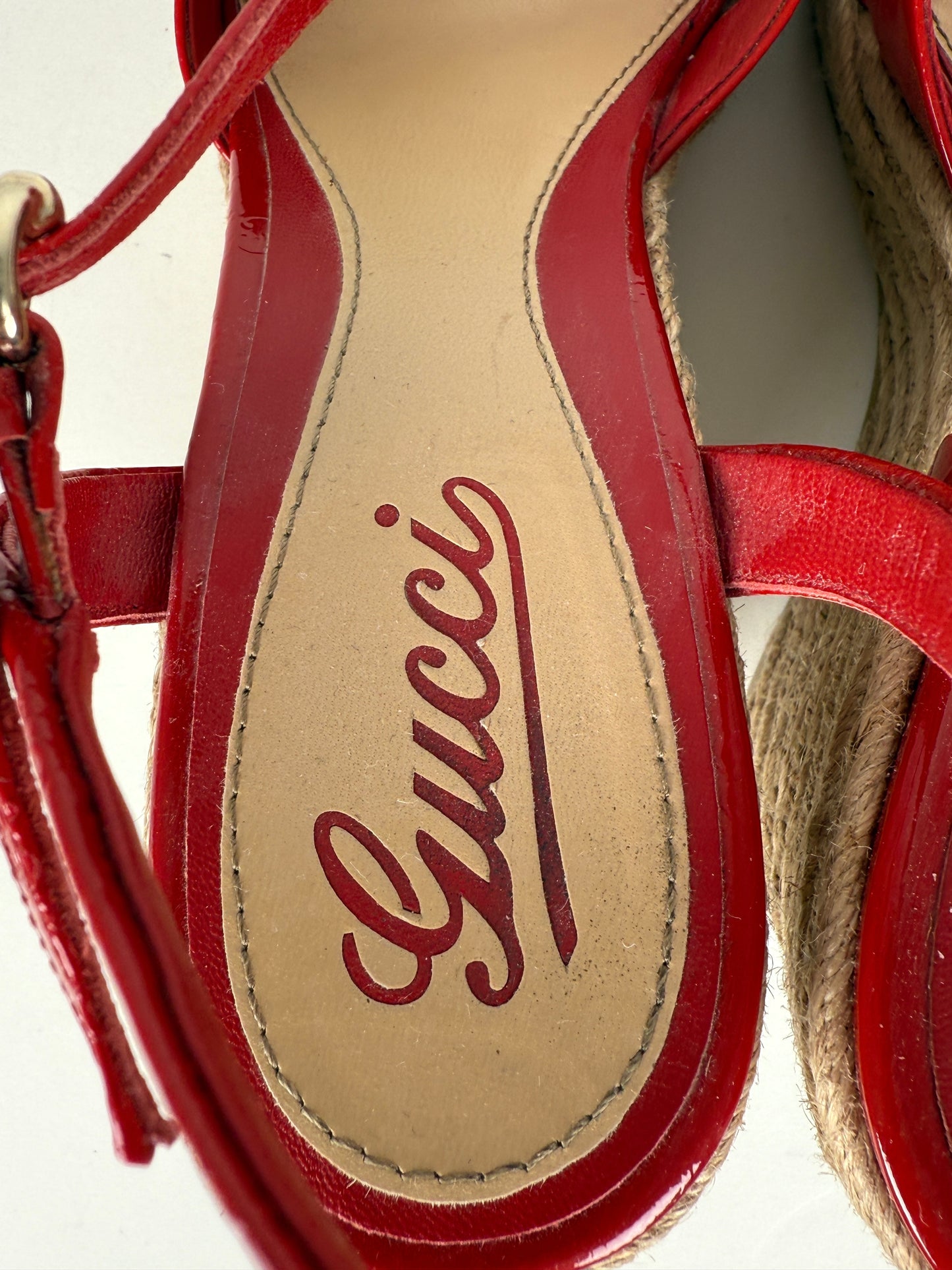 Gucci Micro GG Red Patent Leather Platform Wedge Sandals Heels 39.5 9.5