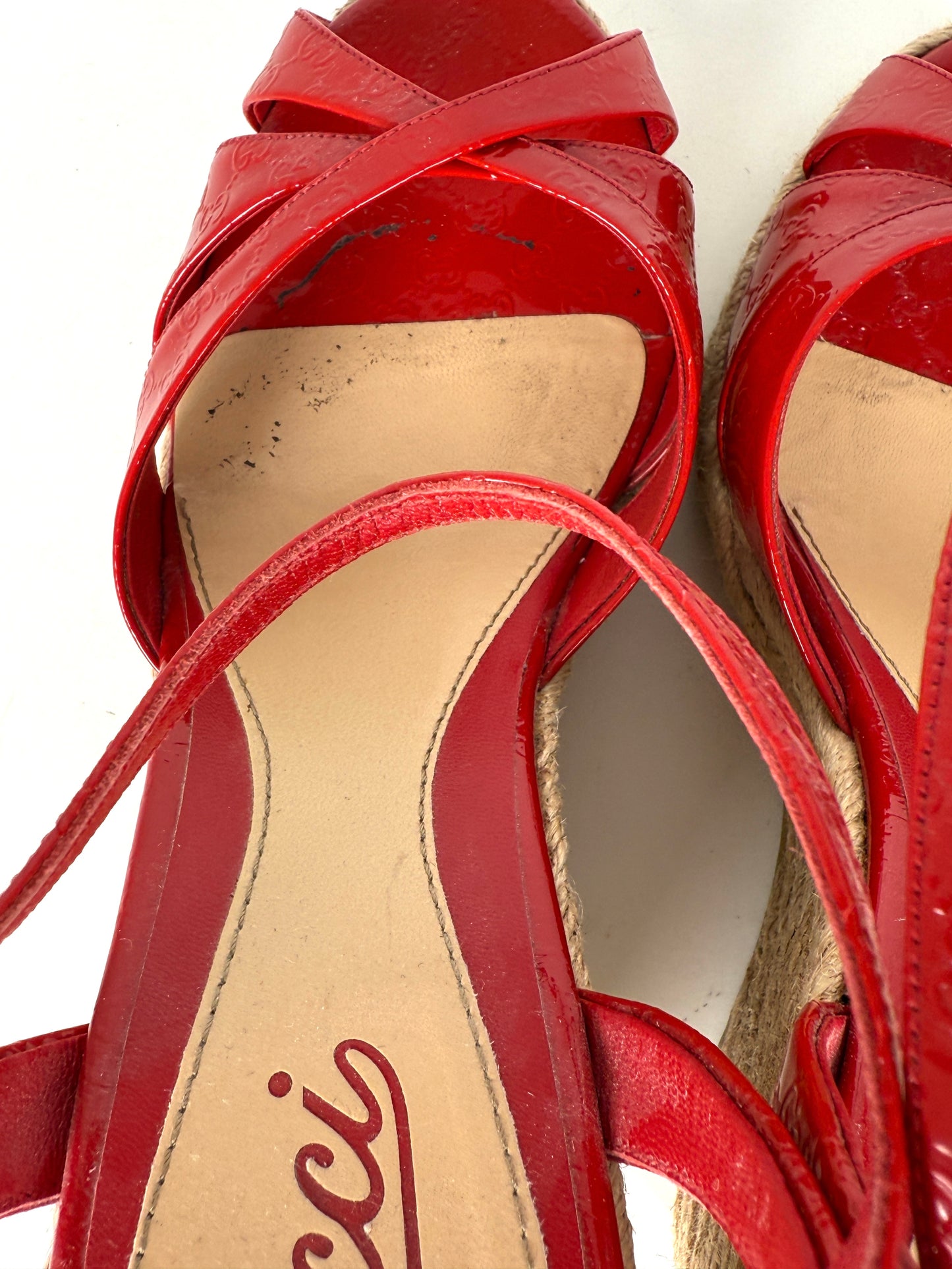 Gucci Micro GG Red Patent Leather Platform Wedge Sandals Heels 39.5 9.5