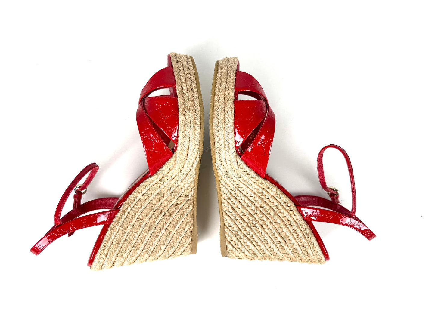 Gucci Micro GG Red Patent Leather Platform Wedge Sandals Heels 39.5 9.5