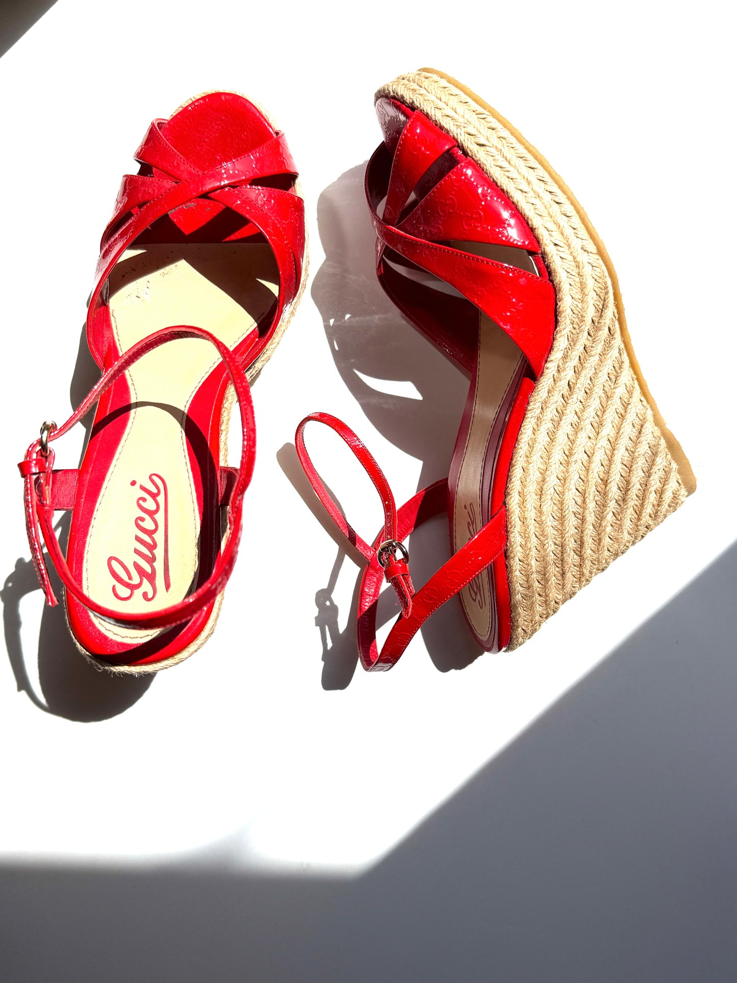 Gucci Micro GG Red Patent Leather Platform Wedge Sandals Heels 39.5 9.5
