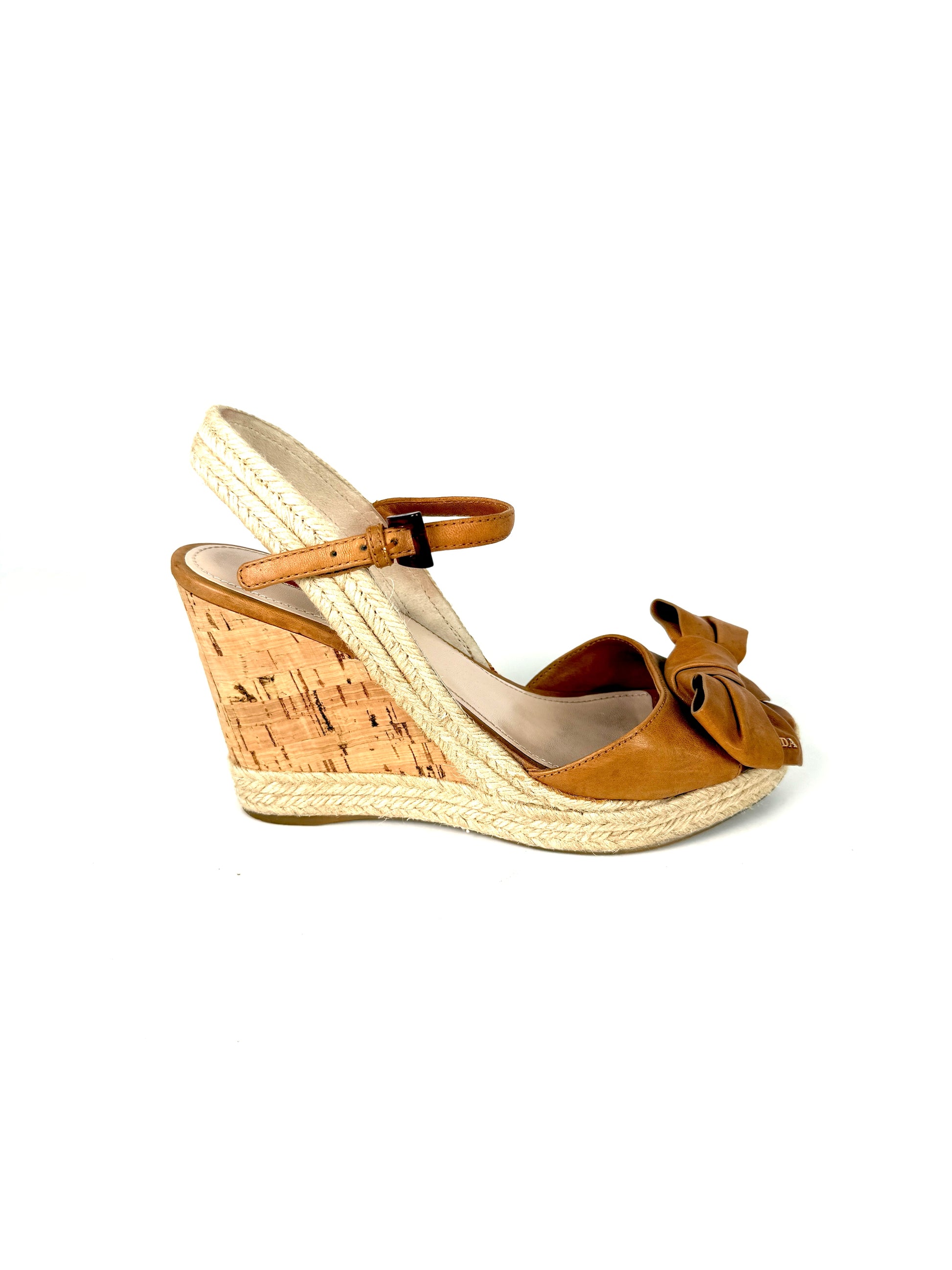 PRADA Beige Bow Leather Raffia Platform Wedge Sandals Heels 39 9