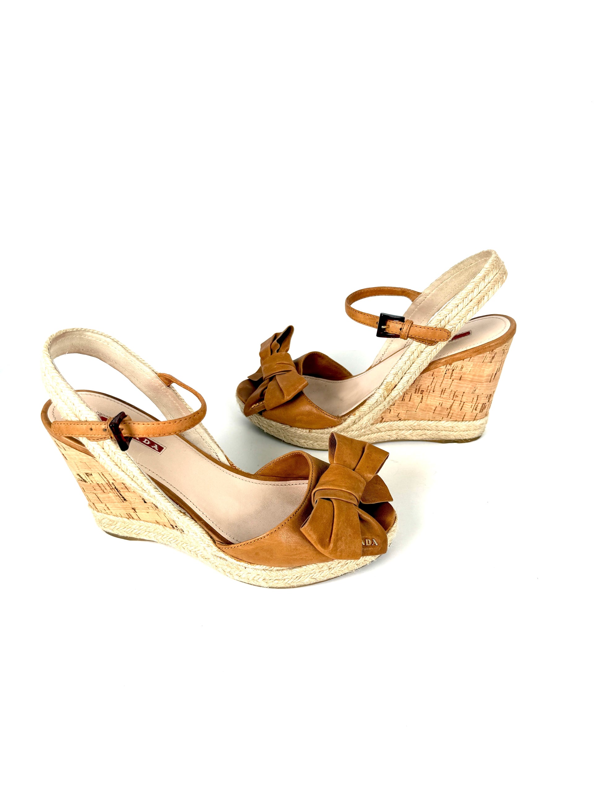 PRADA Beige Bow Leather Raffia Platform Wedge Sandals Heels 39 9