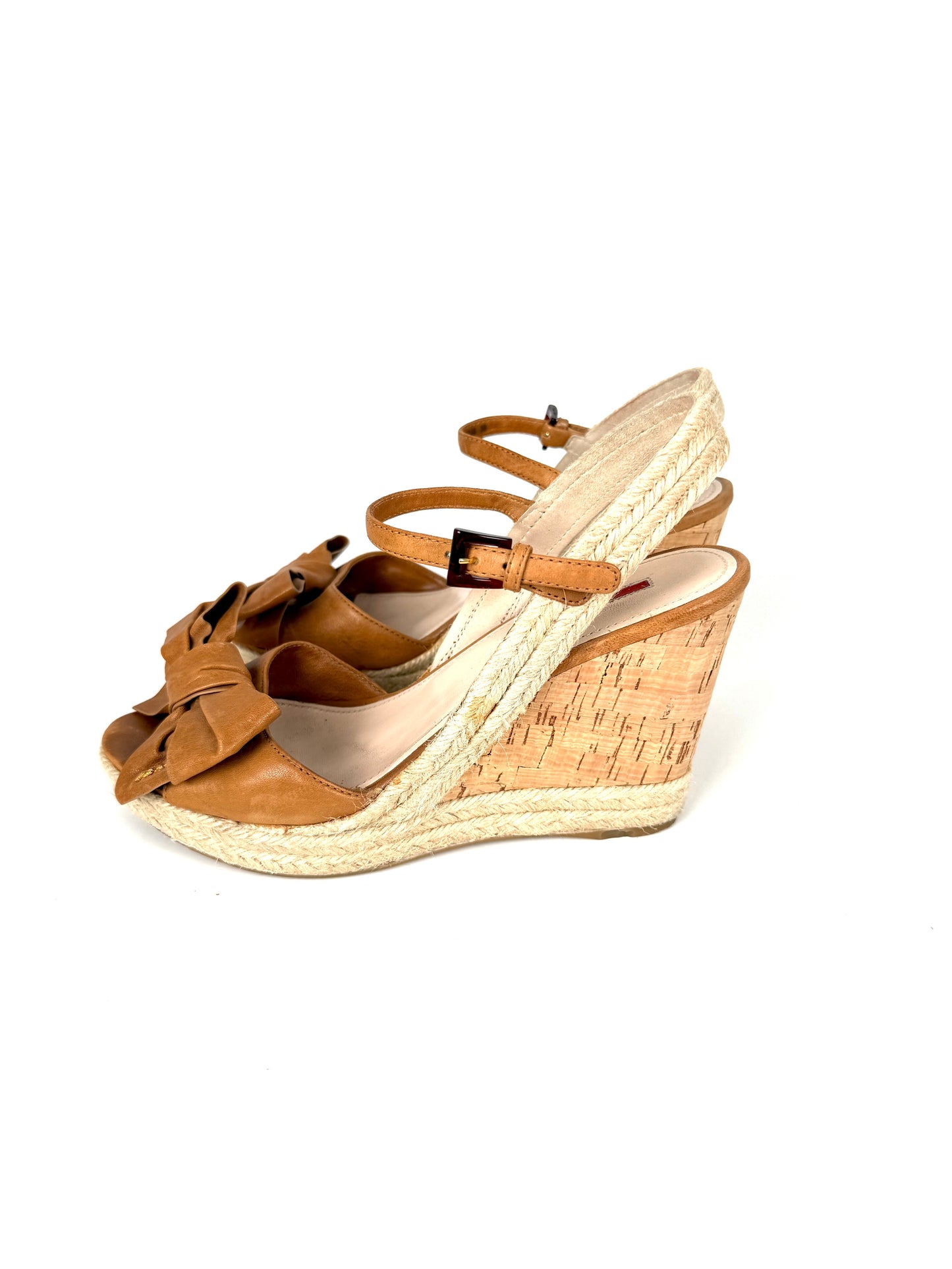 PRADA Beige Bow Leather Raffia Platform Wedge Sandals Heels 39 9