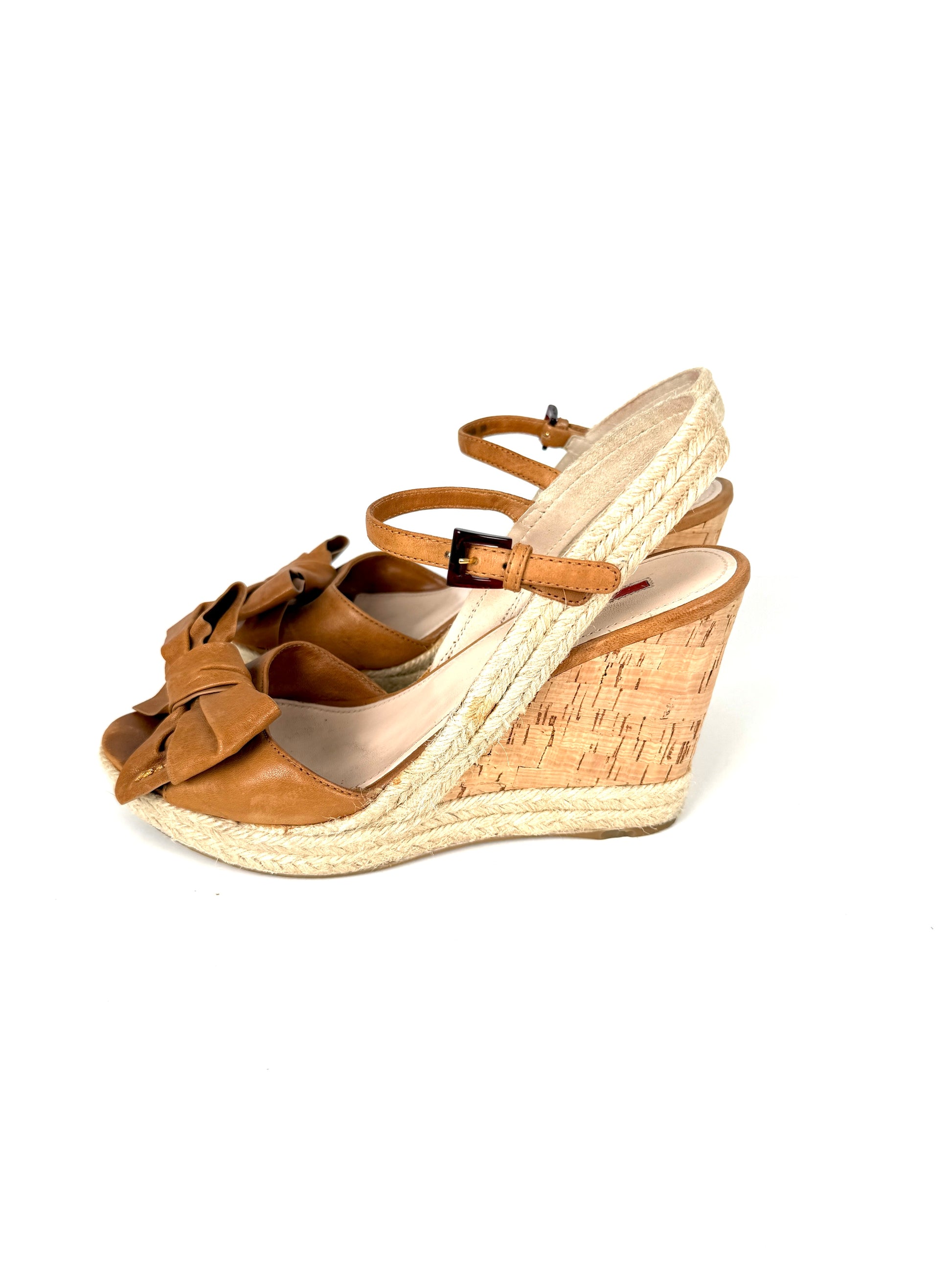 PRADA Beige Bow Leather Raffia Platform Wedge Sandals Heels 39 9